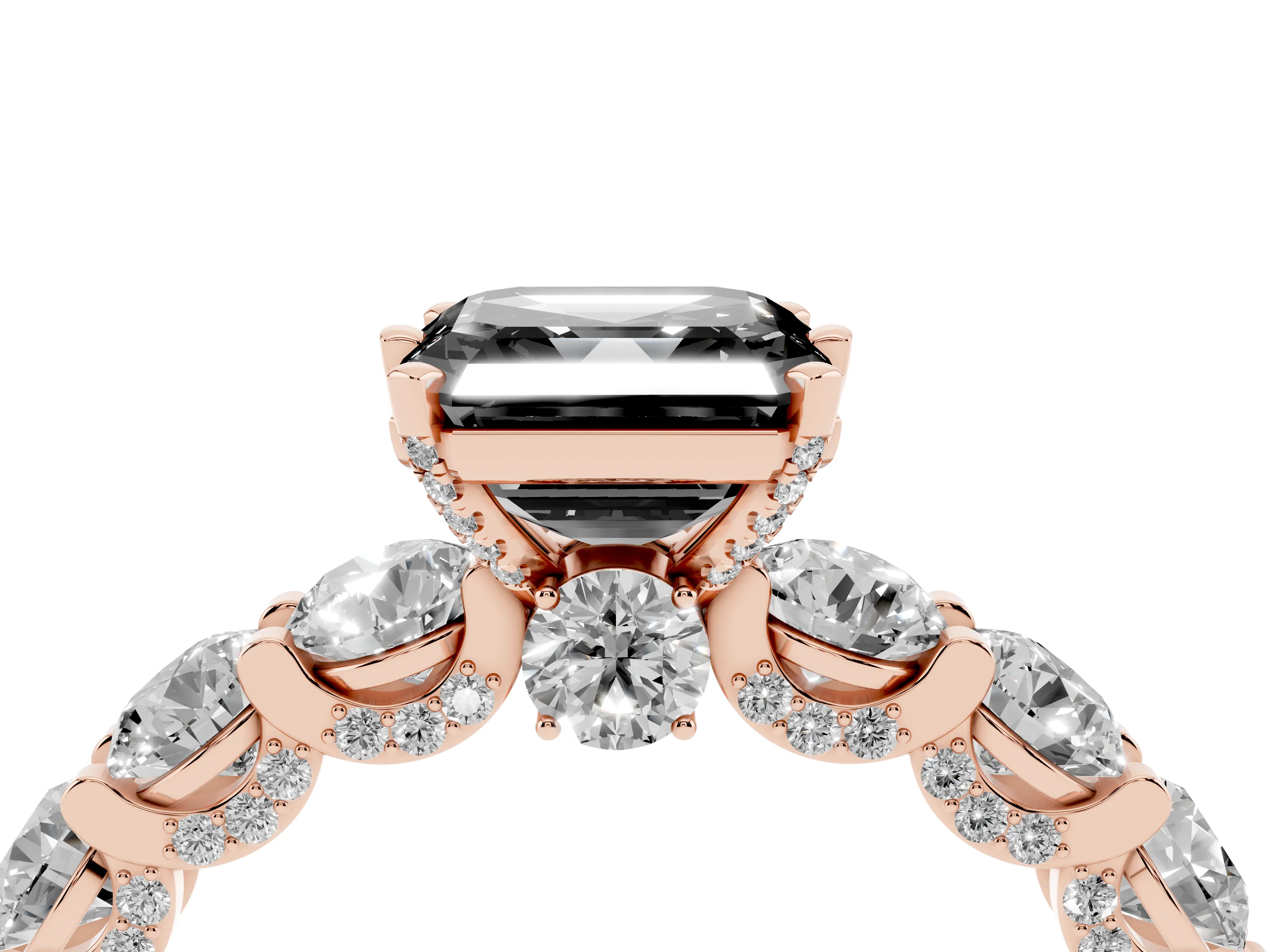 Fancy Black Asscher Cut Diamond Side Stone Ring Set in Rose gold with Alternating Round and Oval Side Stones