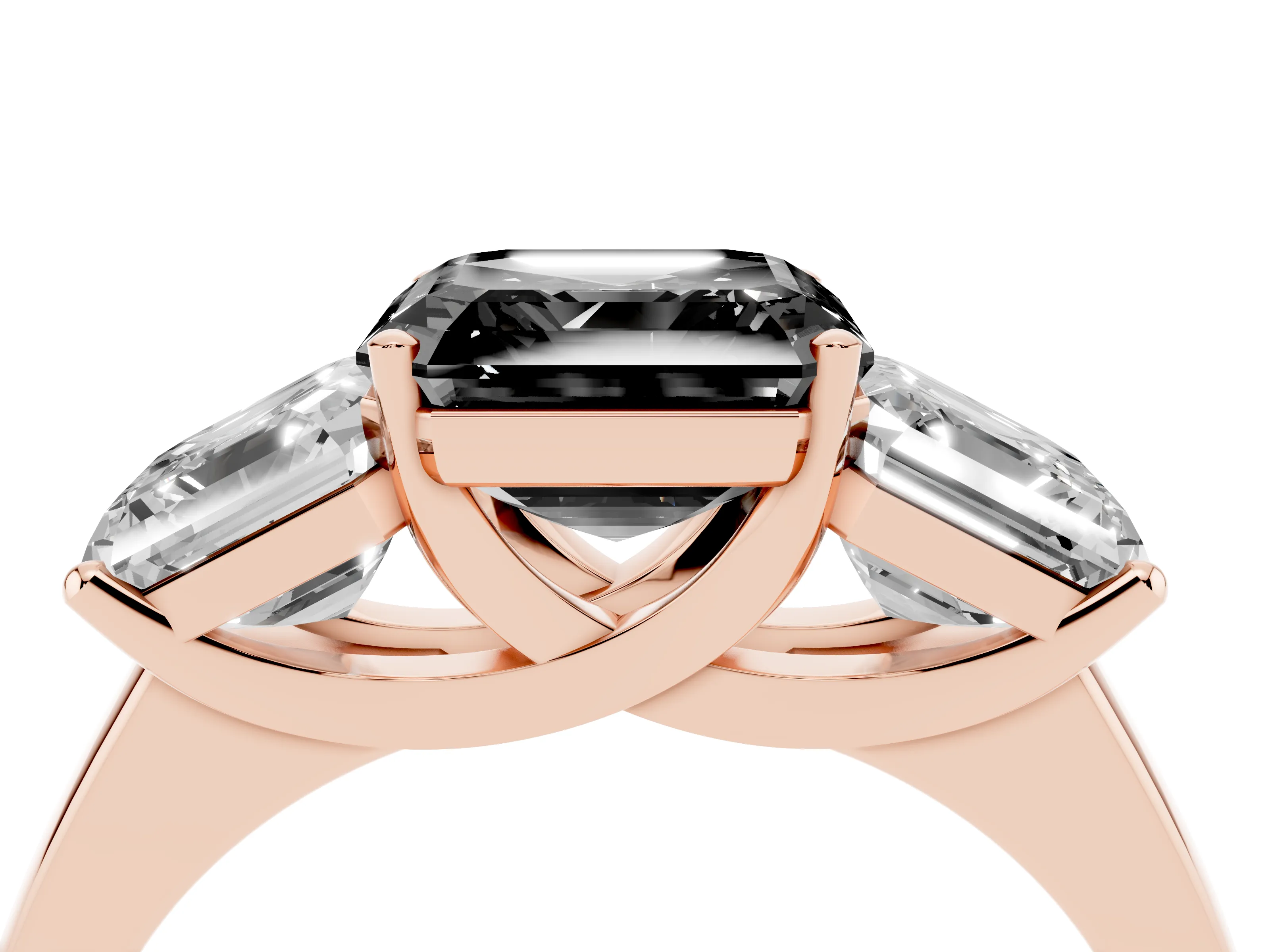 Fancy Black Asscher Cut Diamond Three-Stone Ring Set in Rose gold with Classic Prong Setting and Plain Band