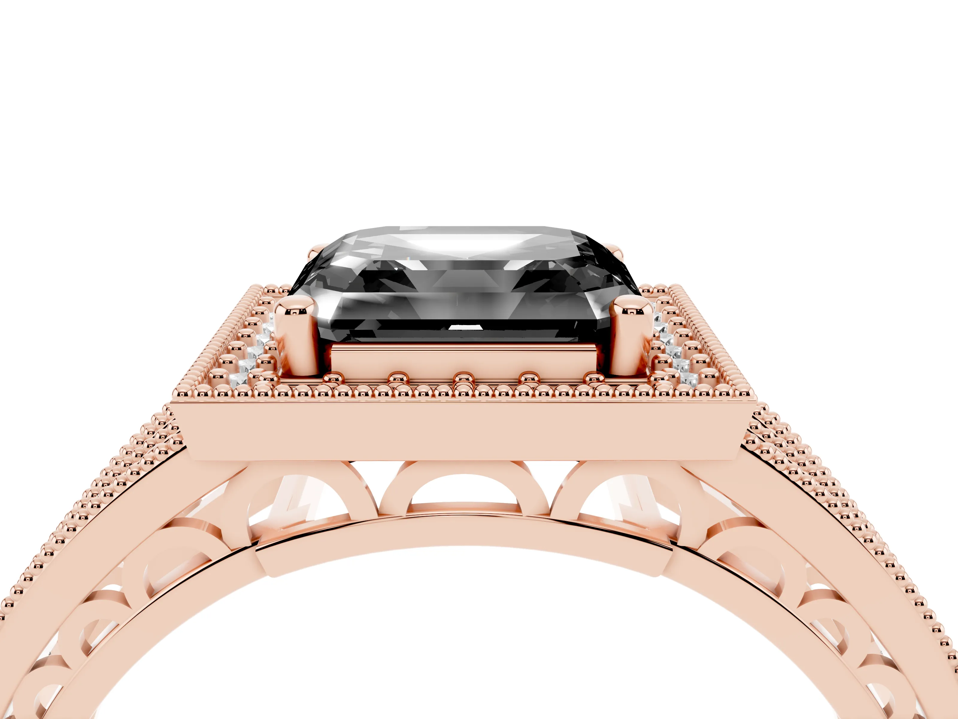 Fancy Black Asscher Cut Diamond Halo Ring Set in Rose gold with Accent Split Shank and Prong Setting