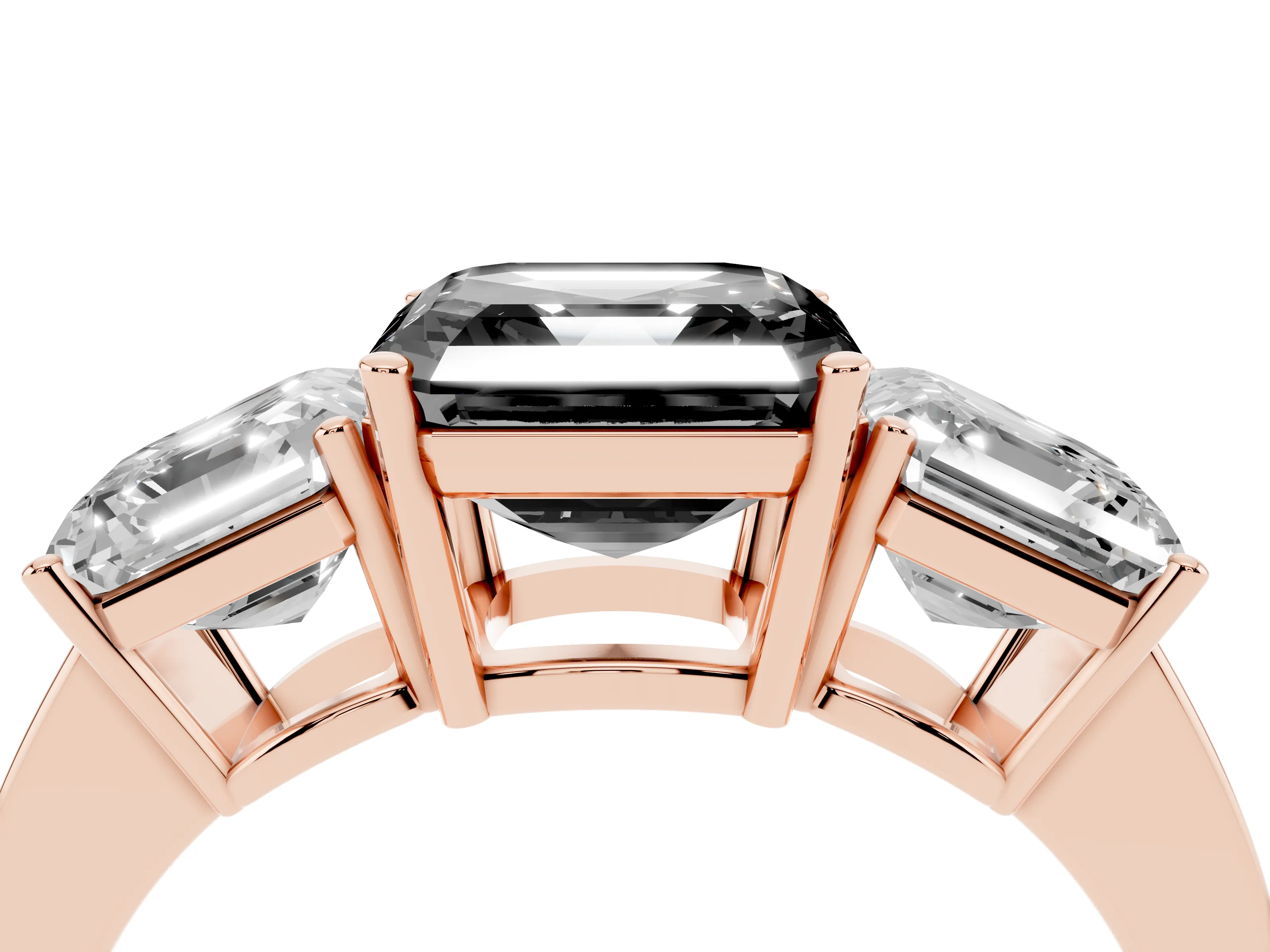 Fancy Black Asscher Cut Diamond Three-Stone Engagement Ring Set in Rose gold with Flat Band