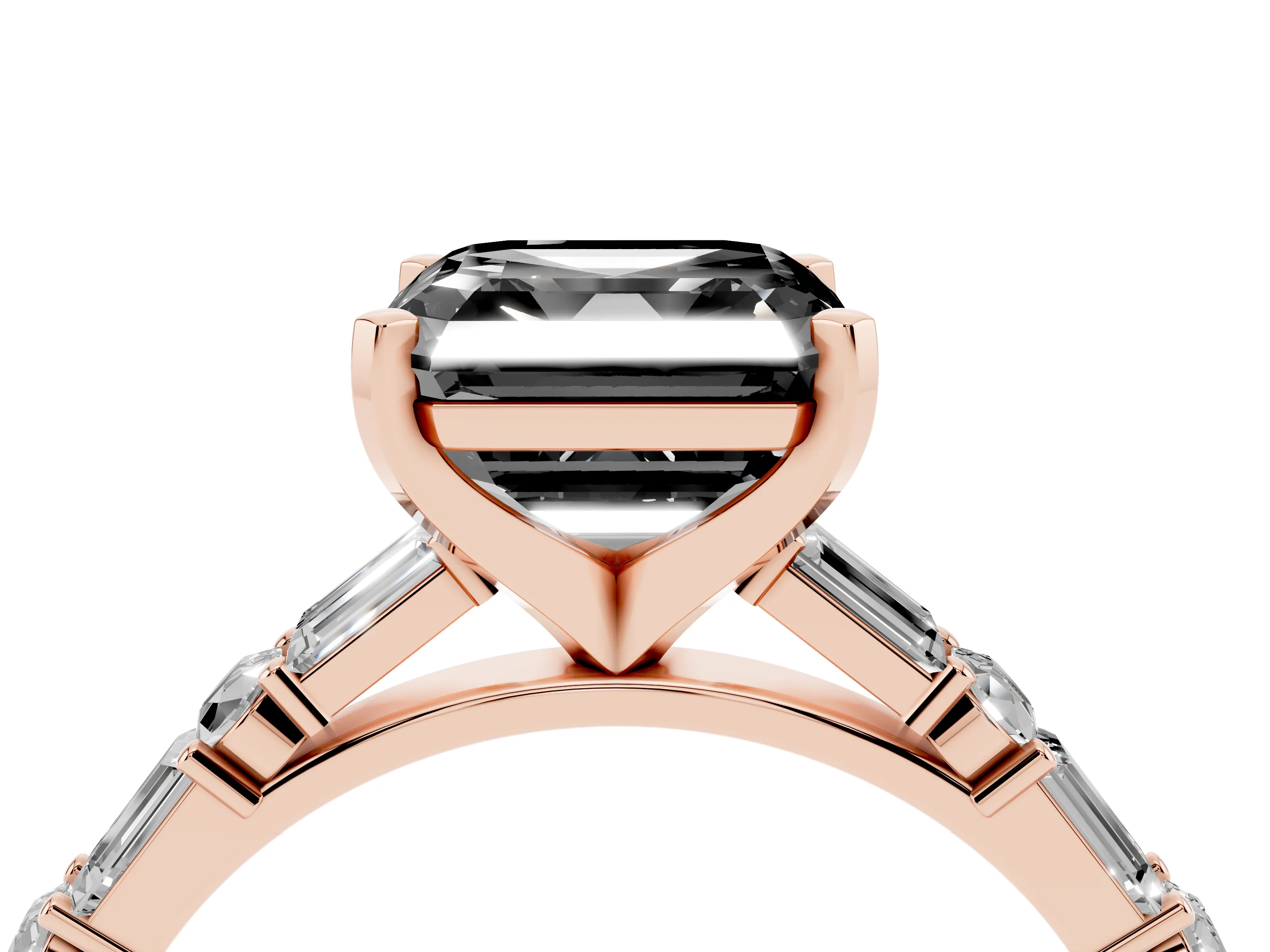 Fancy Black Asscher Cut Diamond Solitaire Set in Rose gold with Side Baguettes and Channel Set Band