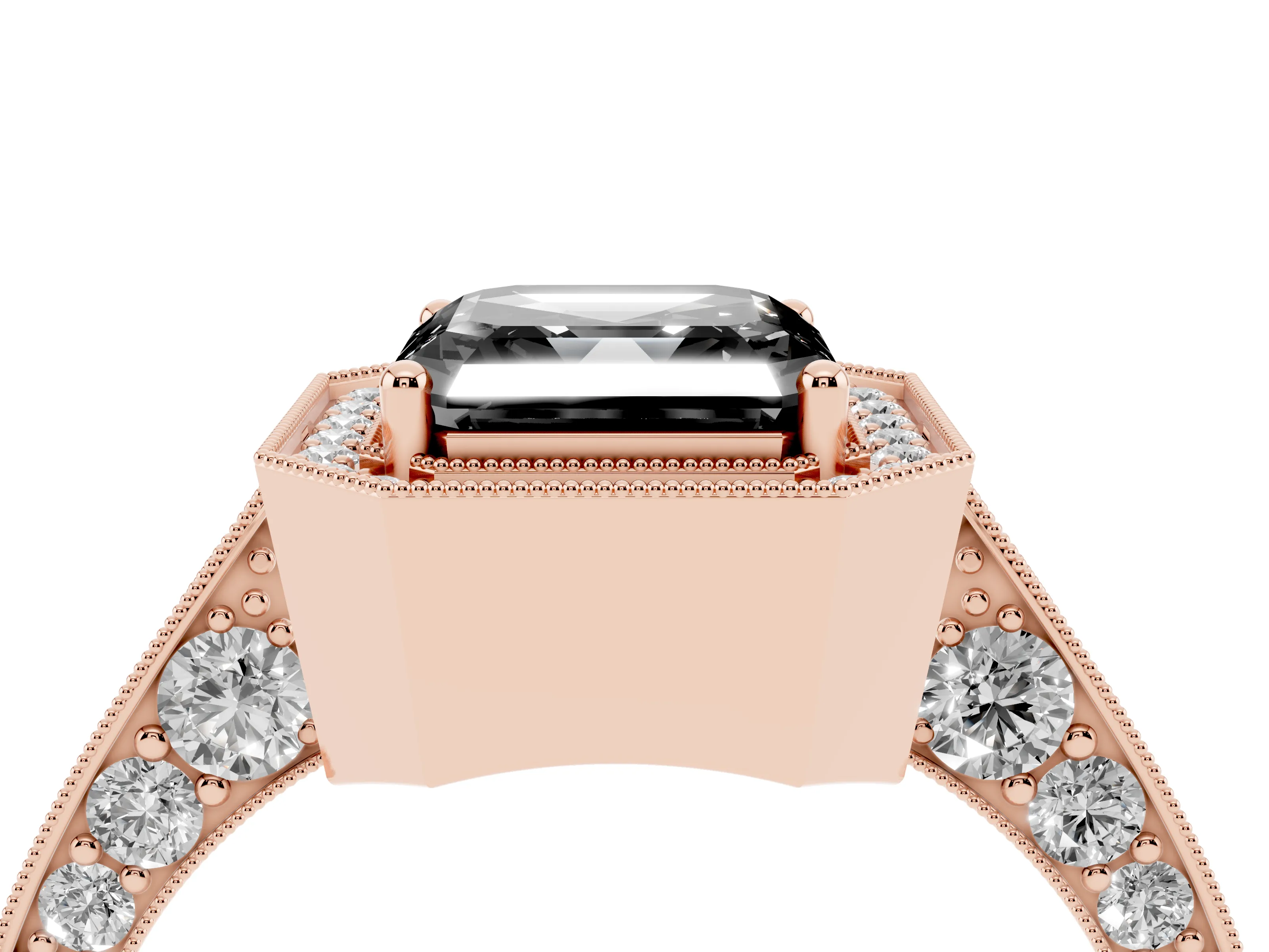 Fancy Black Asscher Cut Diamond Halo Engagement Ring Set in Rose gold with Accent Split Shank Band