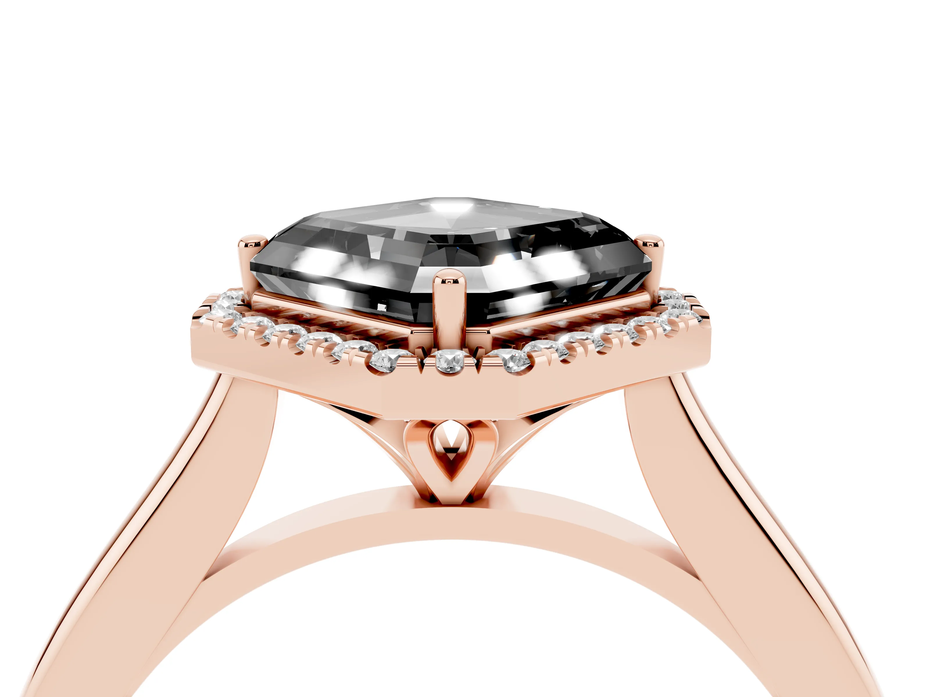 Fancy Black Asscher Cut Diamond Halo Engagement Ring Set in Rose gold with Pavé Band and Rising Shoulders