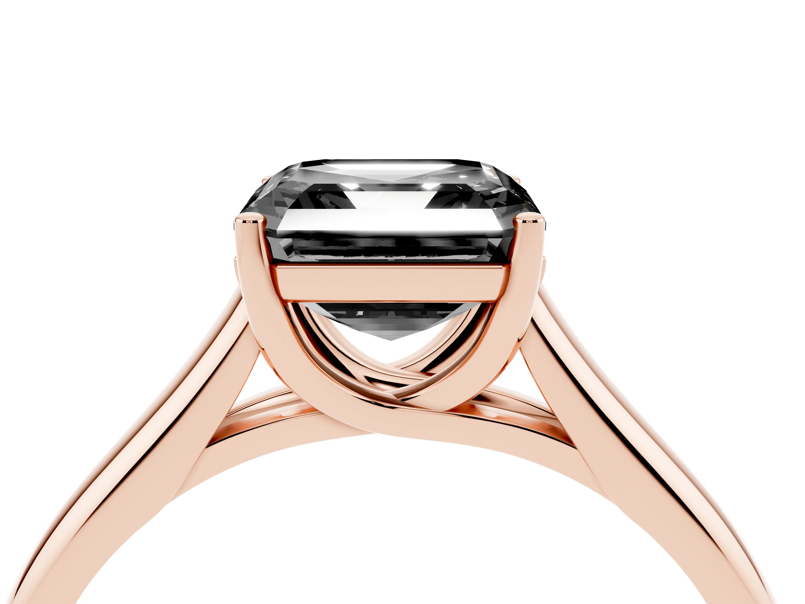 Fancy Black Asscher Cut Diamond Solitaire Engagement Ring Set in Rose gold with Subtly Tapered Band and Prong Setting