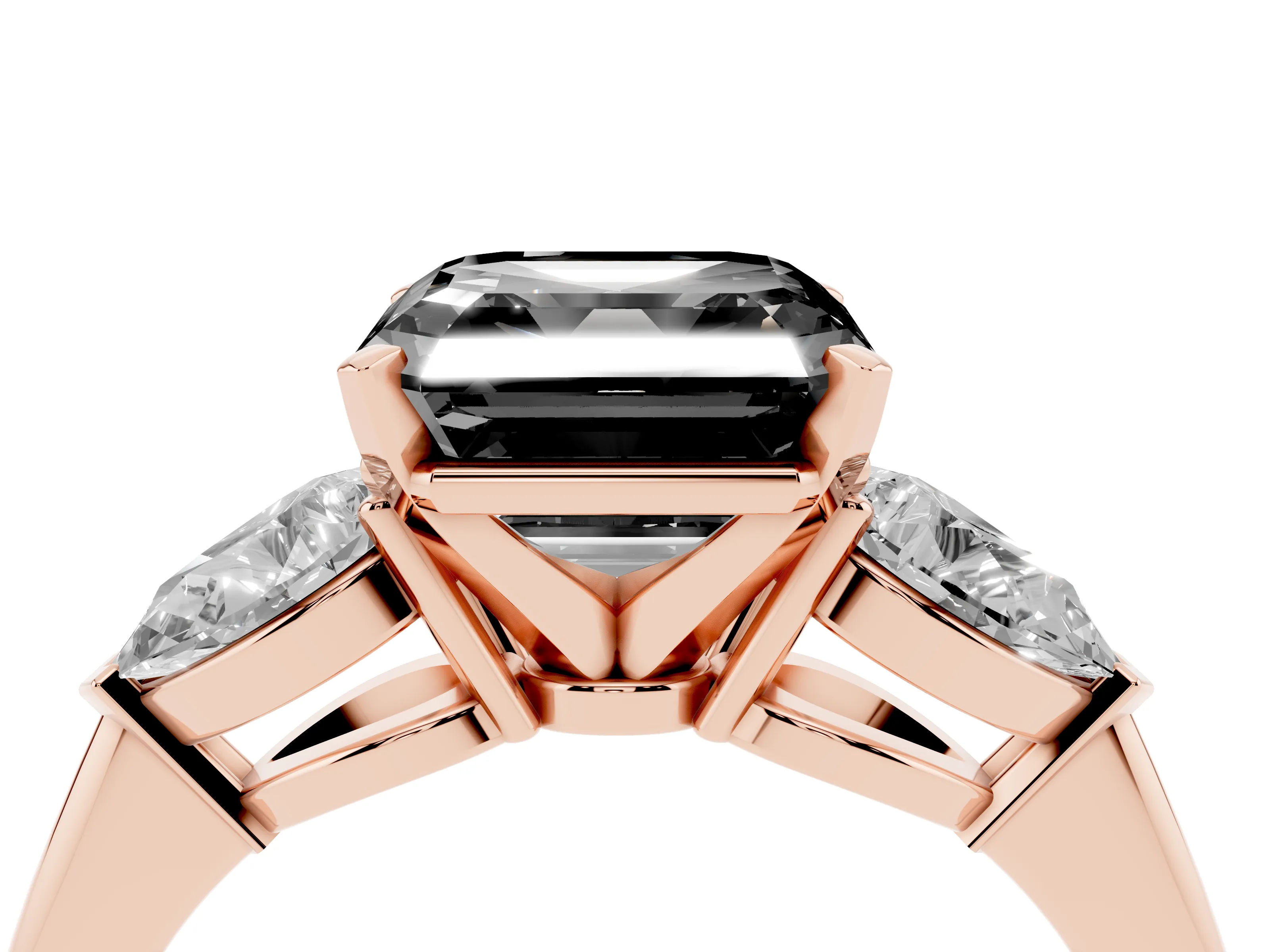 Fancy Black Three-Stone Asscher Cut Diamond Ring Set in Rose gold with Pear Side Stones and Prong Setting
