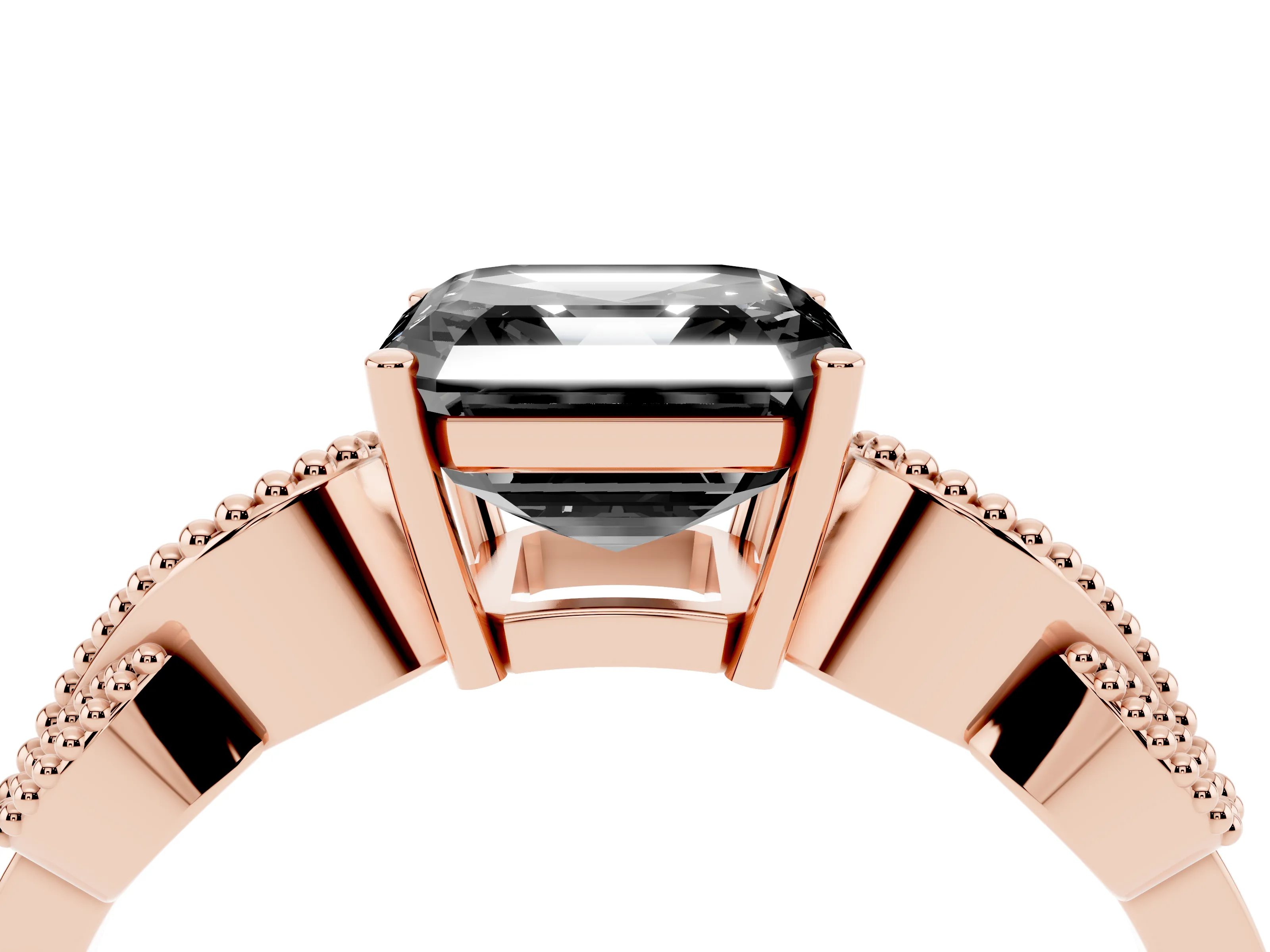 Fancy Black Asscher Cut Diamond Milgrain Leaf Band Solitaire Ring Set in Rose gold with Accent Stones and Prong Setting