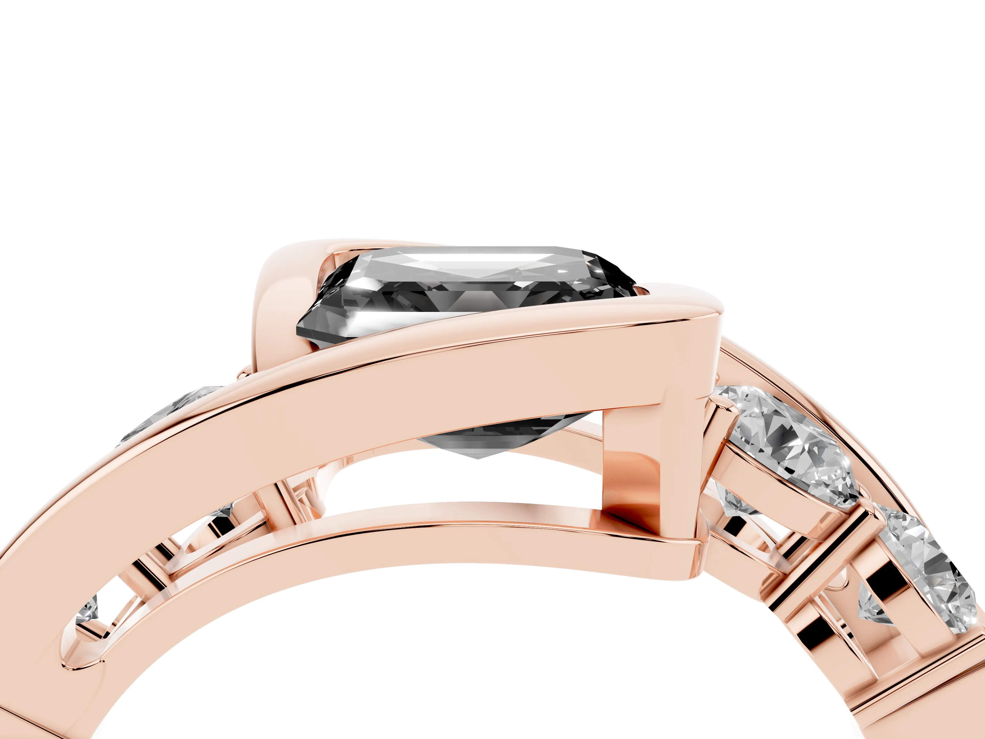 Fancy Black Asscher Cut Diamond Bezel Bypass Ring Set in Rose gold with Round Accents