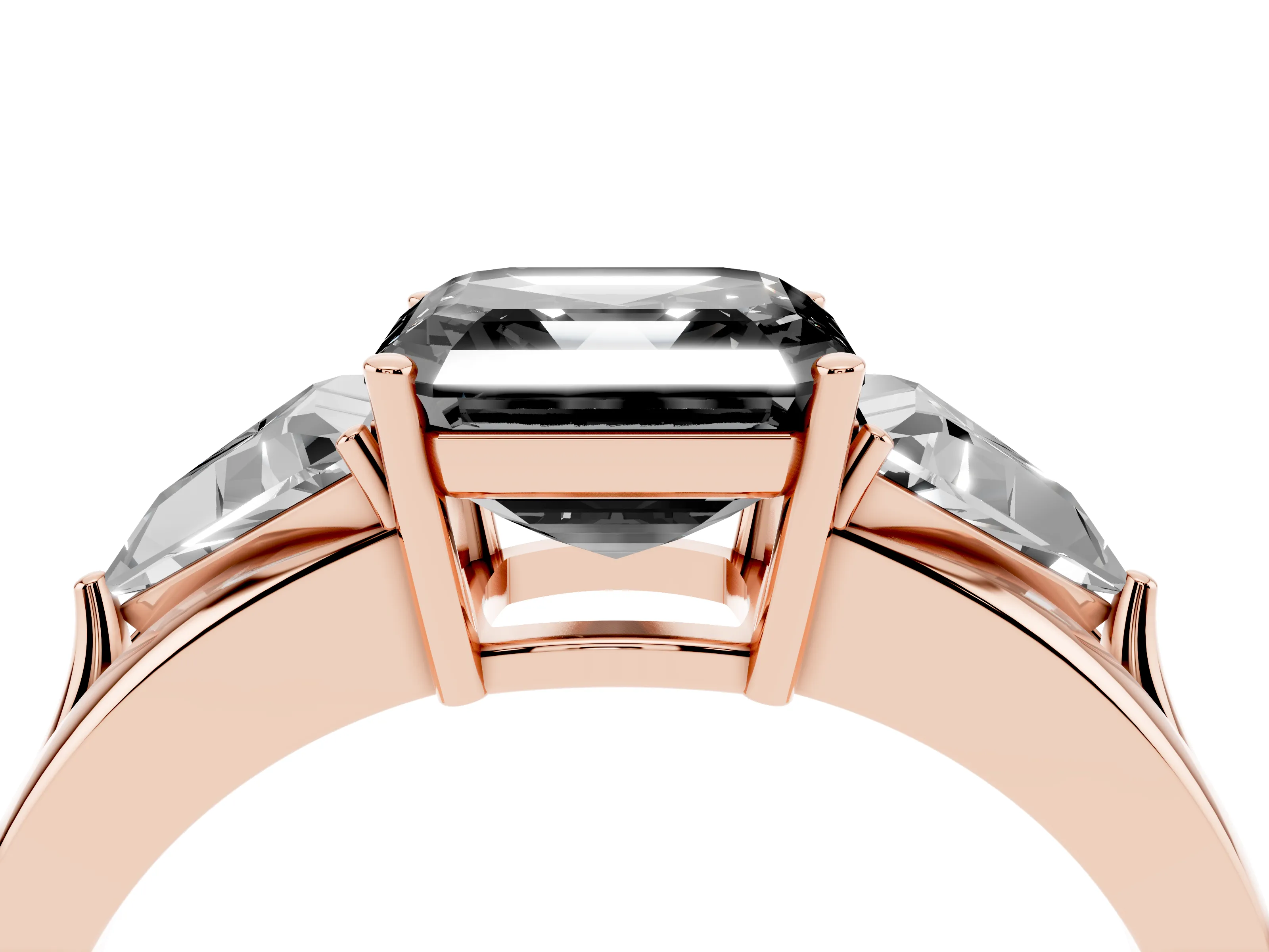 Fancy Black Asscher Cut Diamond Three-Stone Ring Set in Rose gold with Trillion Side Stones and Split Shank