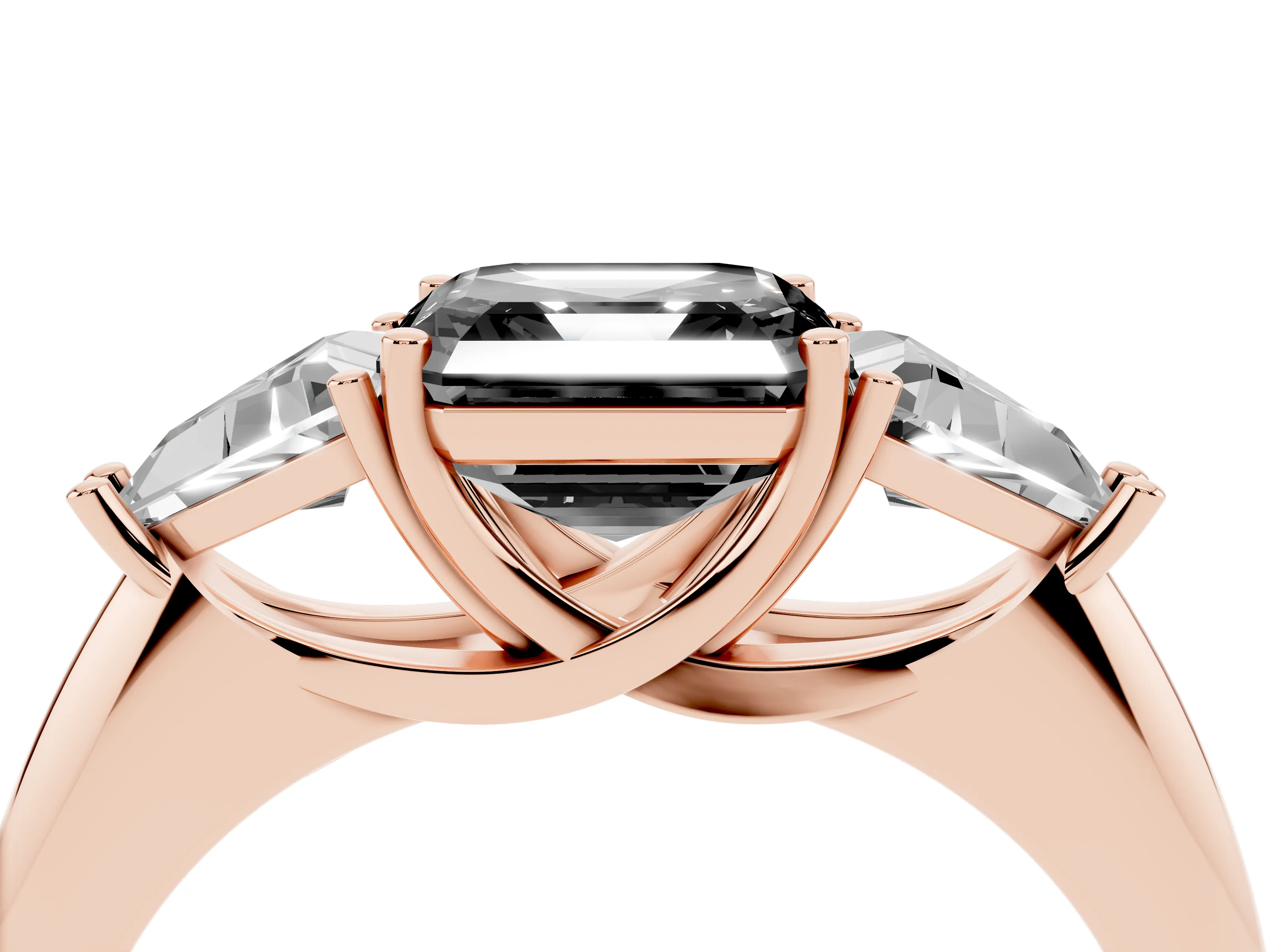 Fancy Black Asscher Cut Diamond Three-Stone Engagement Ring Set in Rose gold with Trillion Side Stones