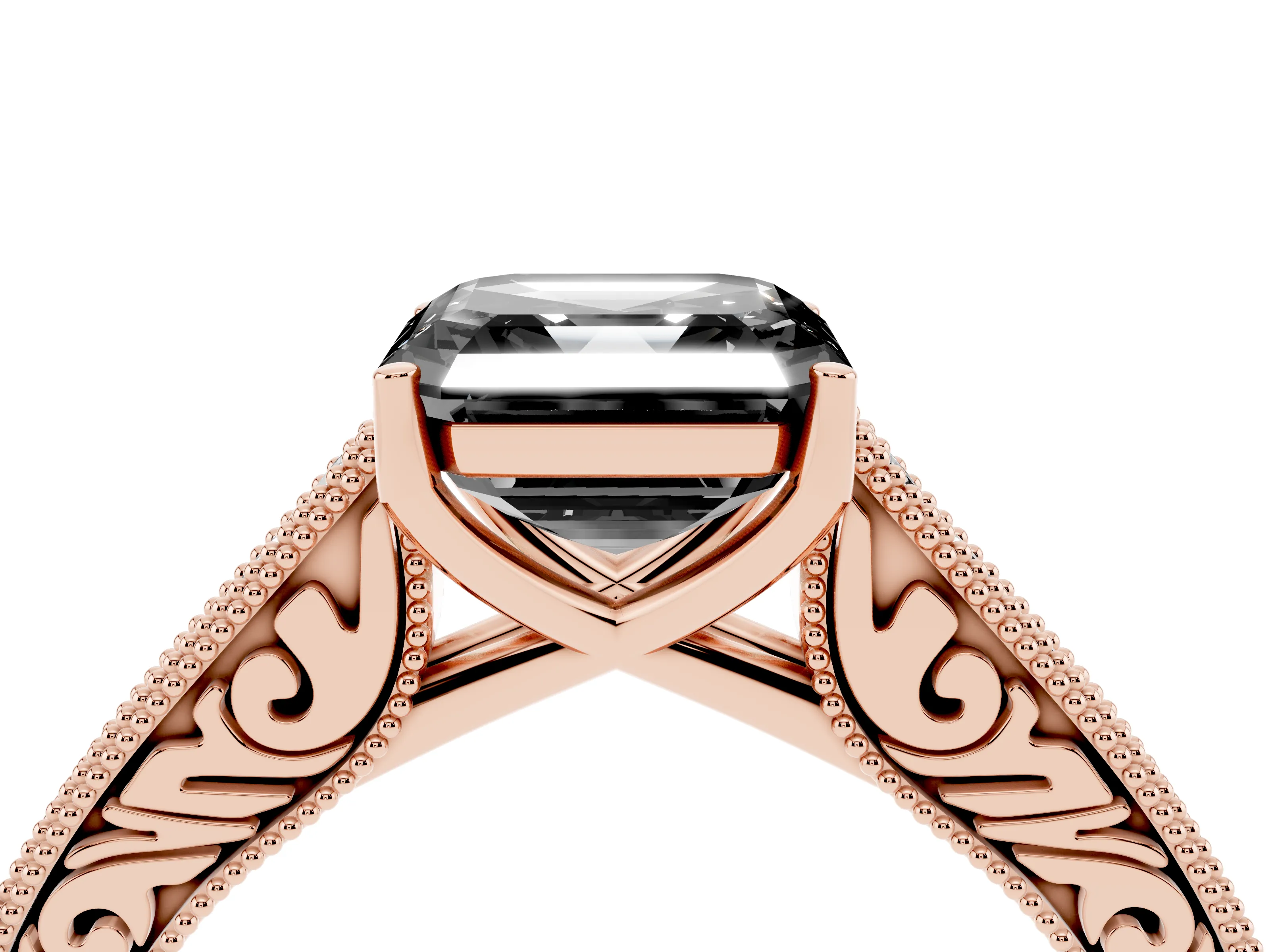 Fancy Black Asscher Cut Diamond Milgrain Pavé Band Solitaire Ring Set in Rose gold with Prong Setting