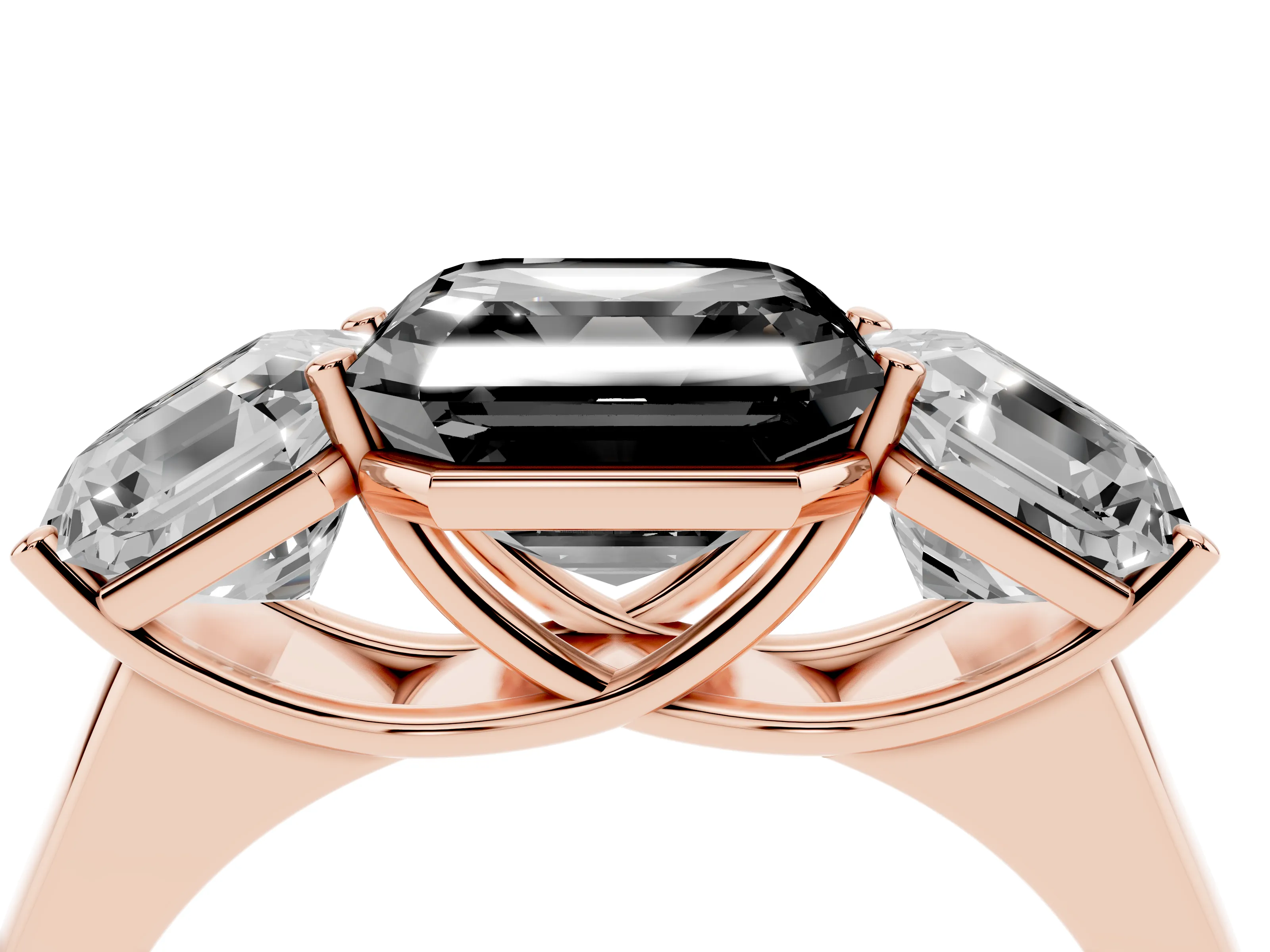 Fancy Black Asscher Cut Diamond Three-Stone Ring Set in Rose gold with Plain Polished Band
