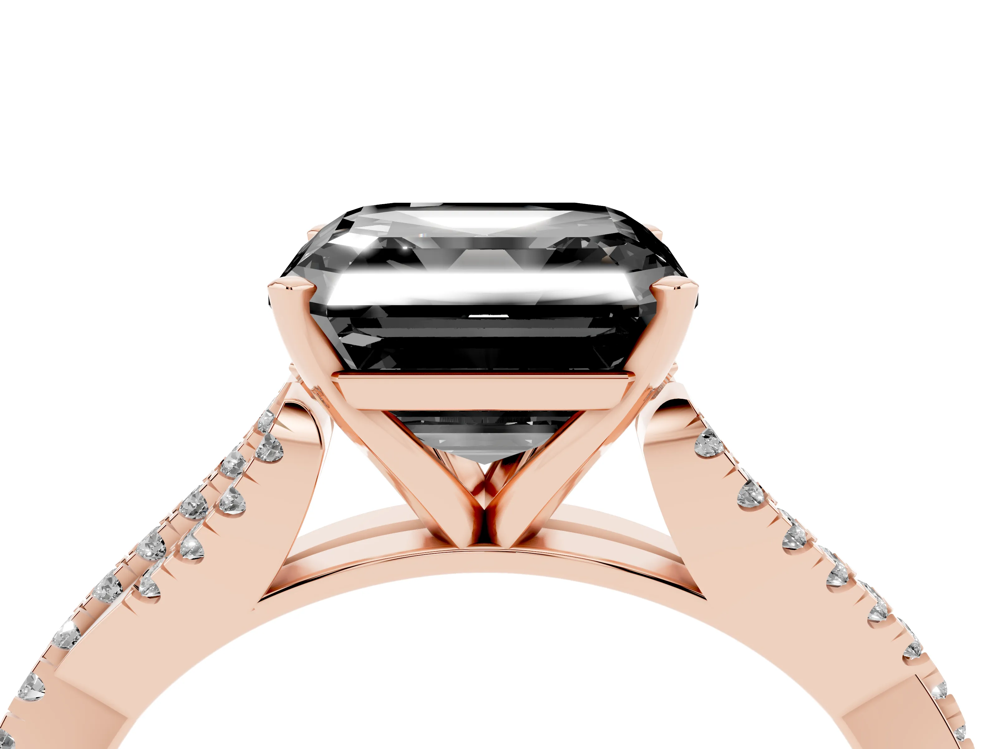 Fancy Black Asscher Cut Diamond Solitaire Engagement Ring Set in Rose gold with Twisted Pavé Band and Prong Setting