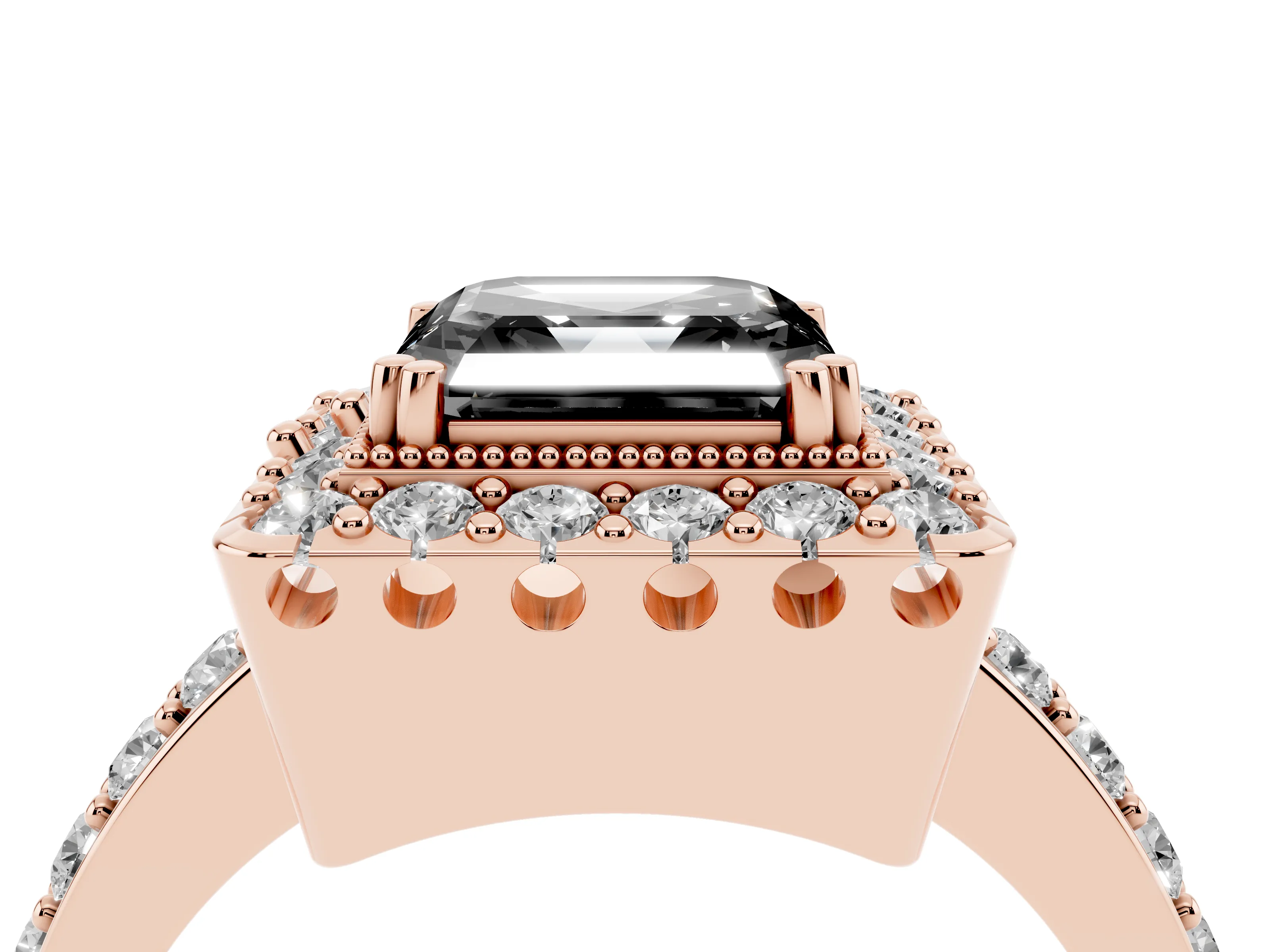 Fancy Black Asscher Cut Diamond Halo Ring Set in Rose gold with Pavé Shank and Prong Setting