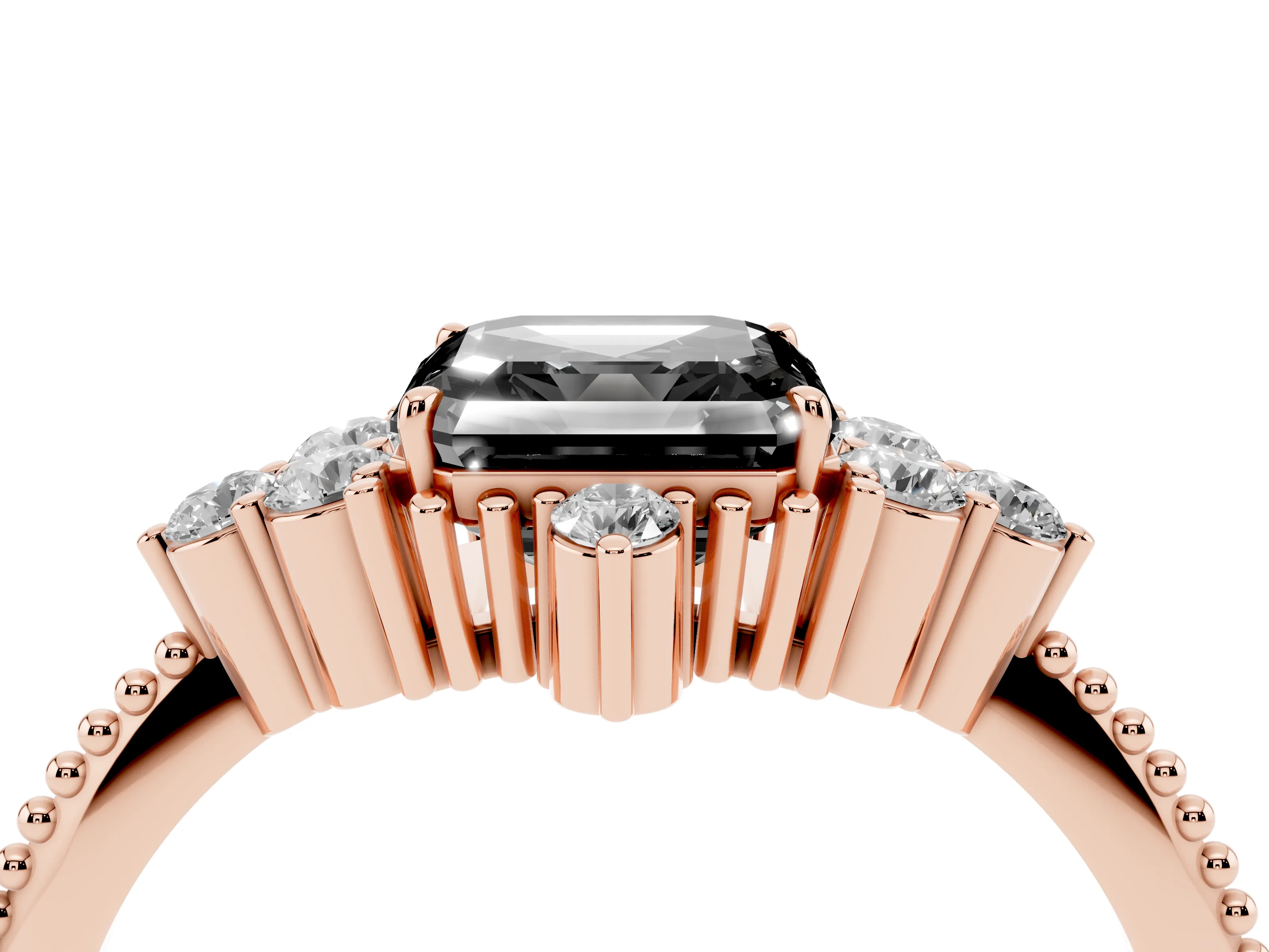 Fancy Black Asscher Cut Diamond Cluster Ring Set in Rose gold with Beaded Band