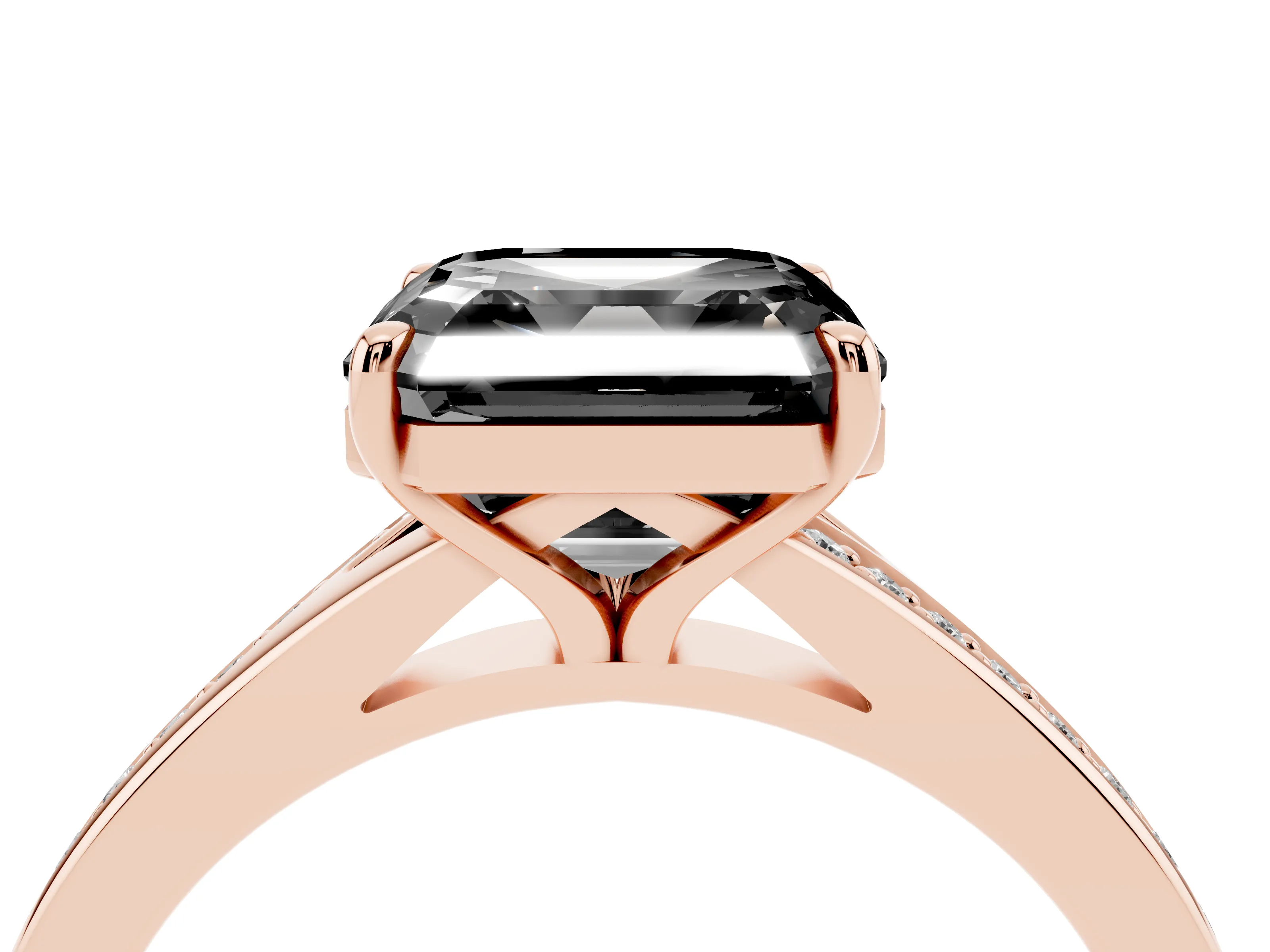 Fancy Black Asscher Cut Diamond Solitaire Ring Set in Rose gold with Pavé Accent Band and Classic Prong Setting