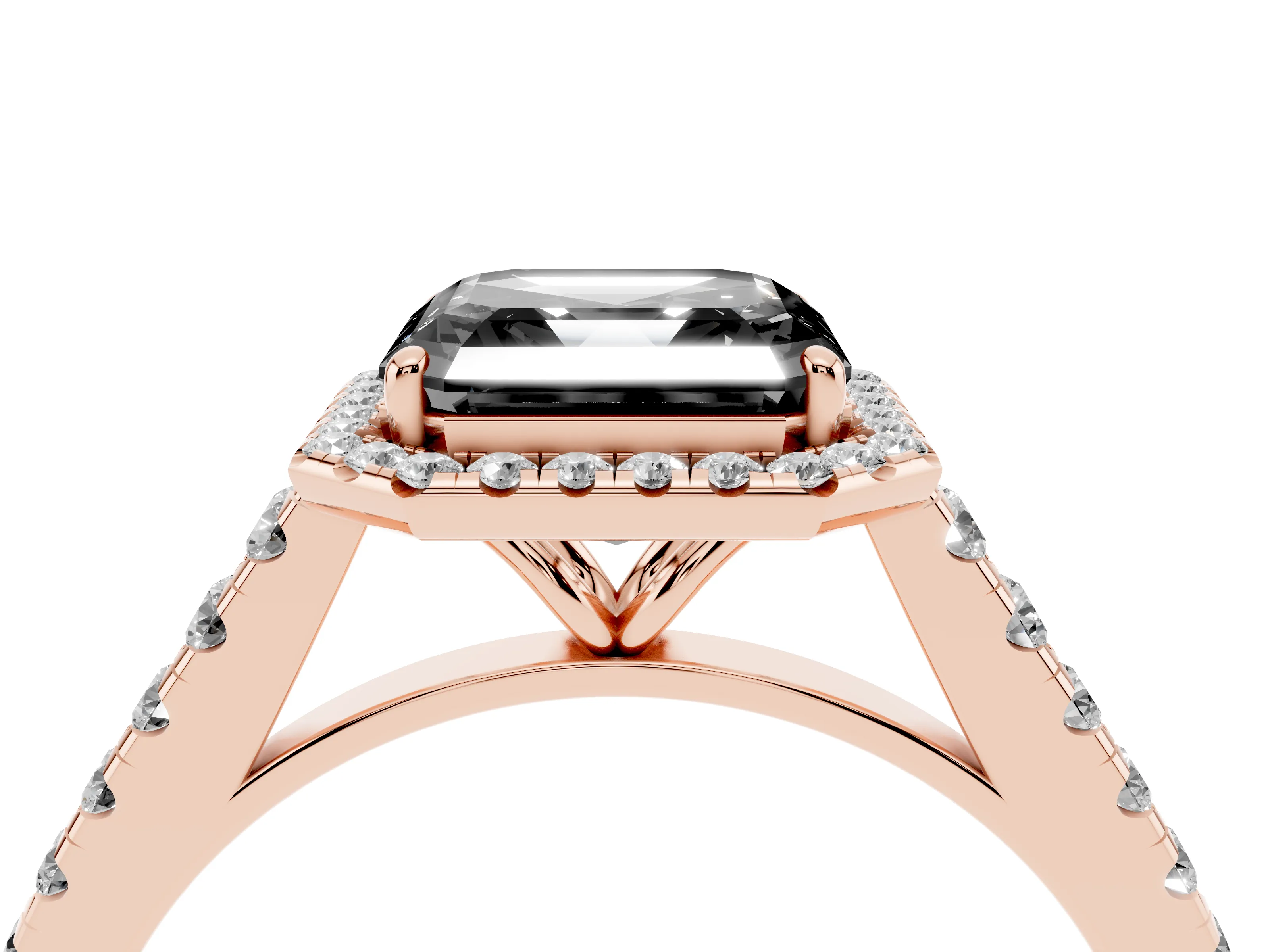 Fancy Black Asscher Cut Diamond Halo Pavé Engagement Ring Set in Rose gold with Prong Setting