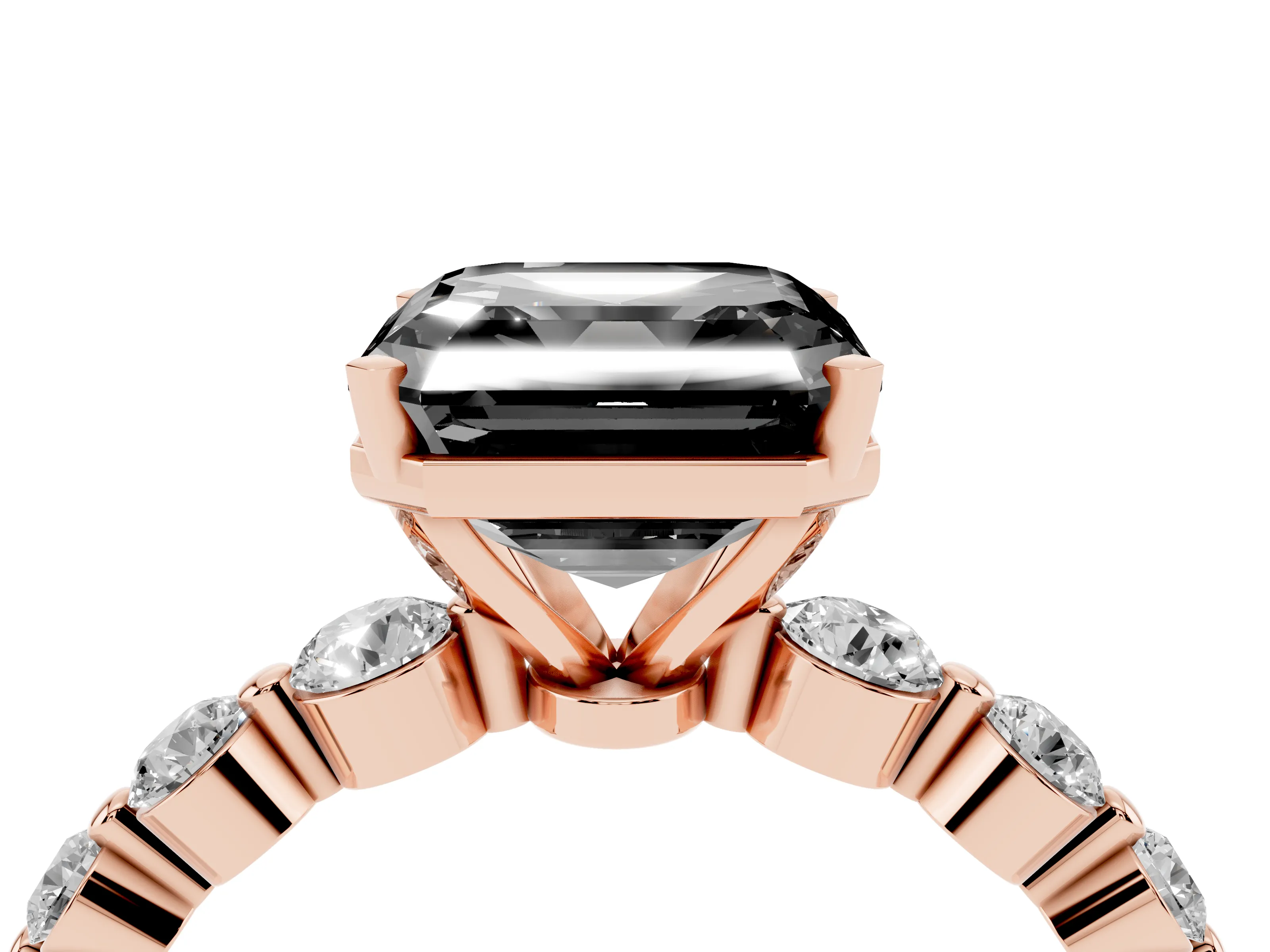 Fancy Black Asscher Cut Diamond Solitaire Ring Set in Rose gold with Pavé Band and Prong Setting
