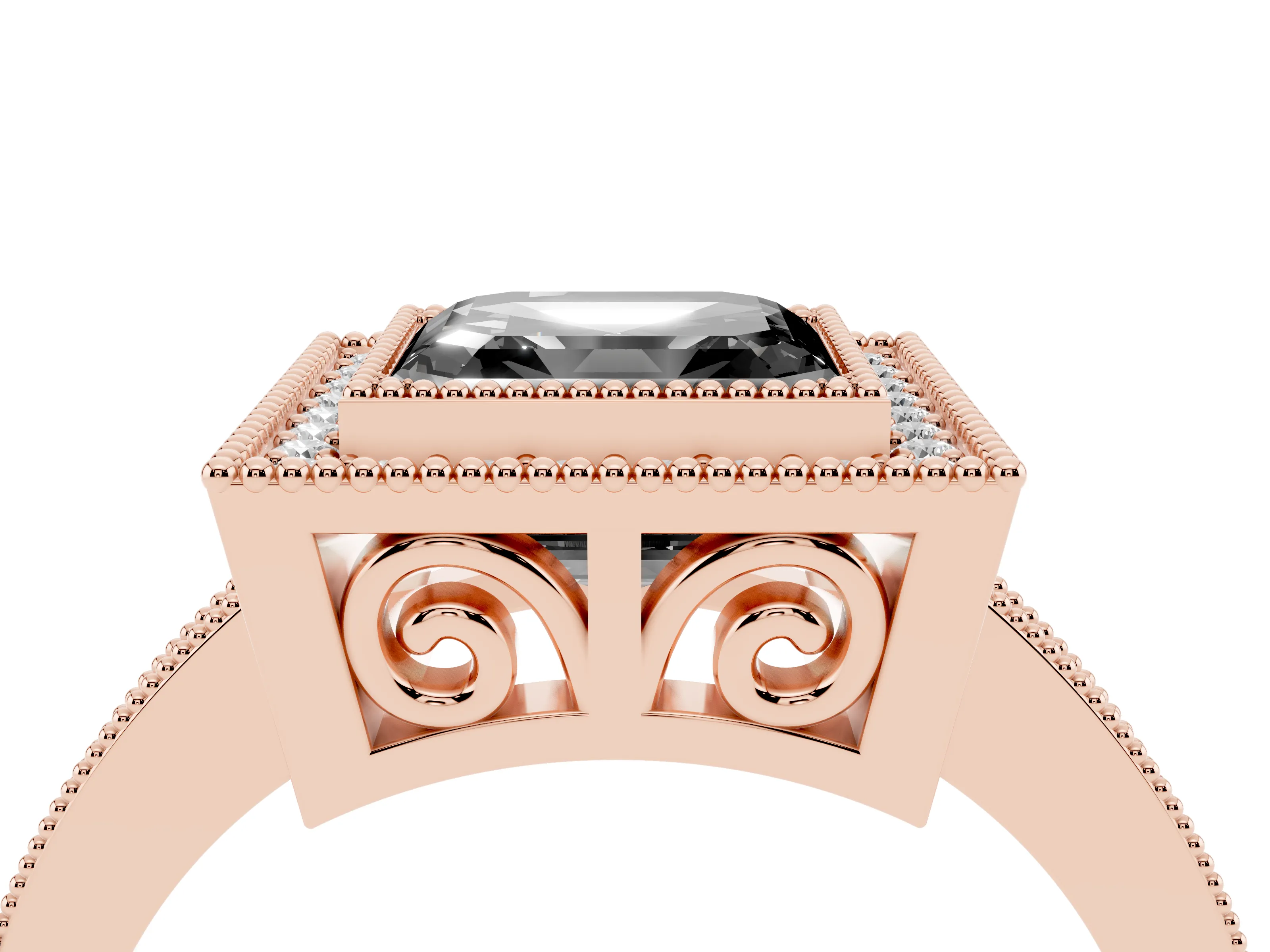 Fancy Black Asscher Cut Diamond Round Halo Ring Set in Rose gold with Pavé Band