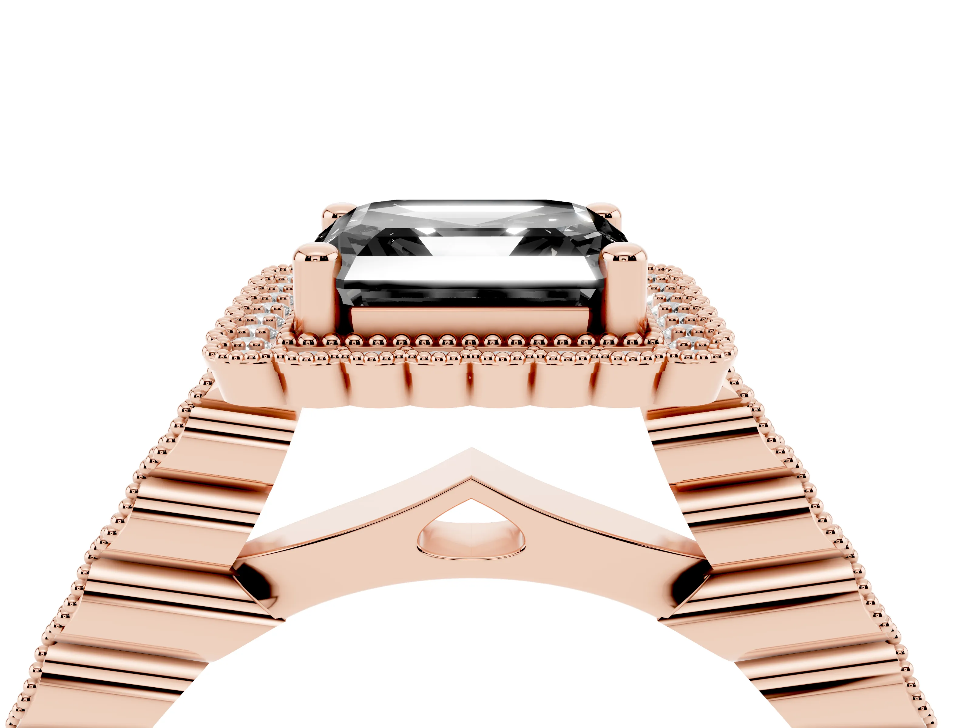 Fancy Black Asscher Cut Diamond Halo Ring Set in Rose gold with Pavé Milgrain Band