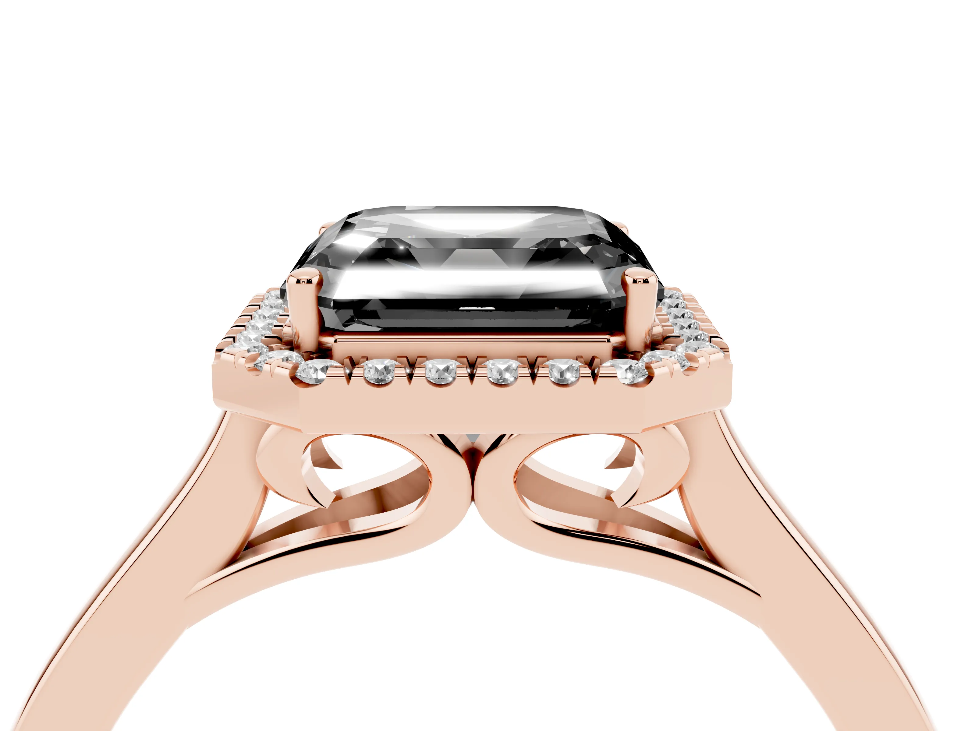 Fancy Black Asscher Cut Halo Round Diamond Solitaire Ring Set in Rose gold with Pavé Band and Prong Setting