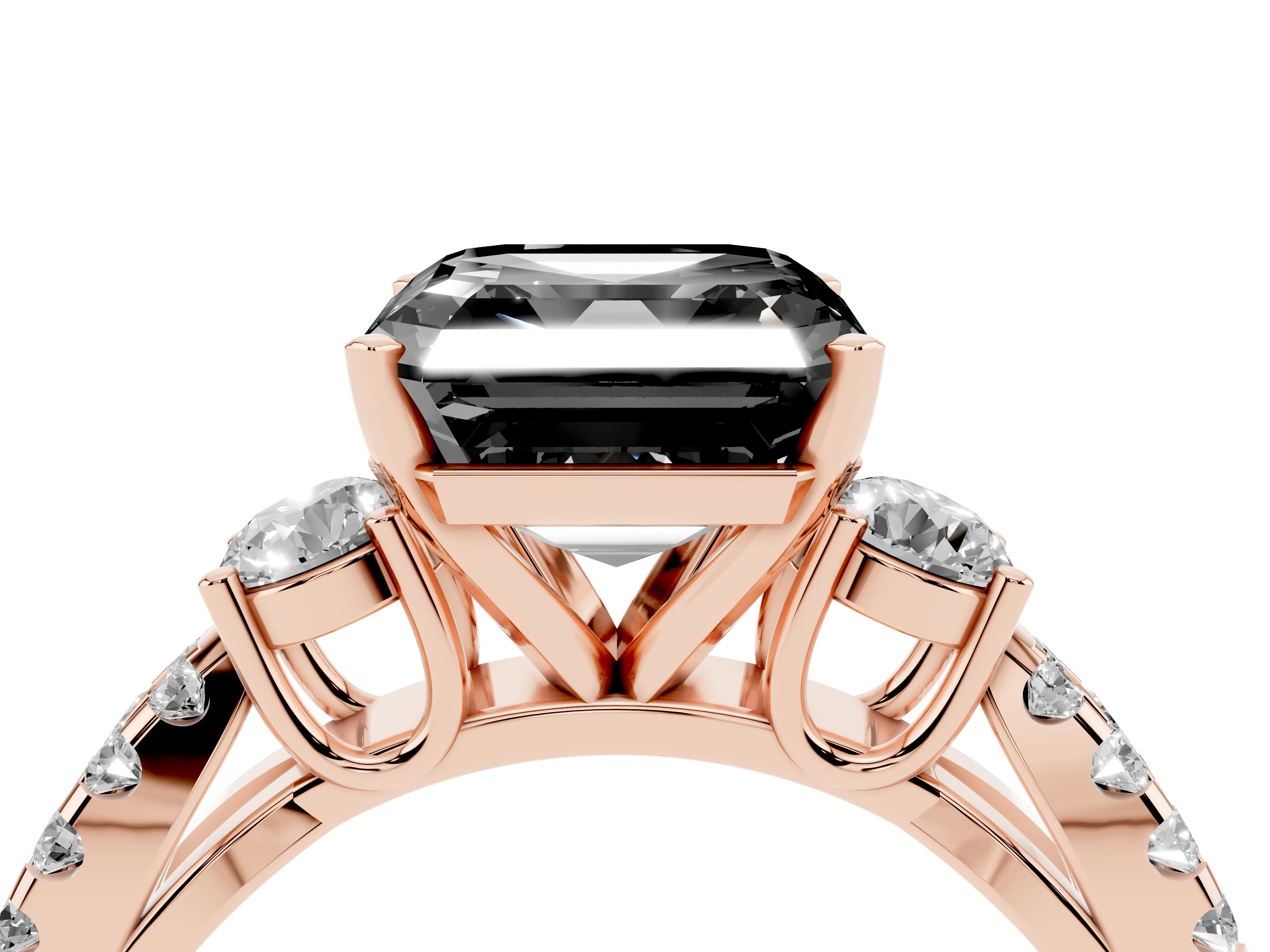 Fancy Black Asscher Cut Diamond Three-Stone Ring Set in Rose gold with Pavé Split Shank and Prong Setting