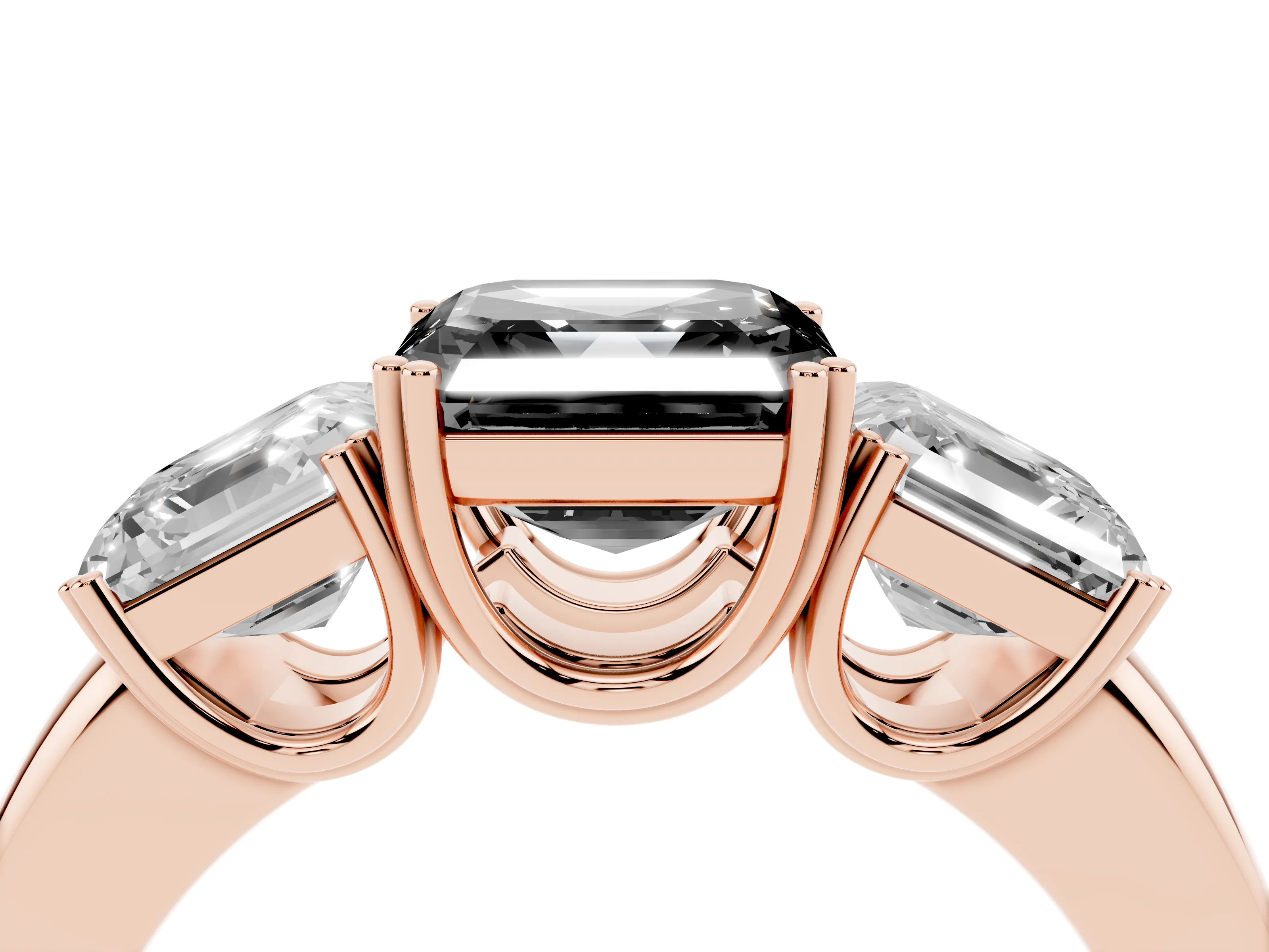 Fancy Black Asscher Cut Diamond Three-Stone Ring Set in Rose gold with Polished Band and Prong Setting