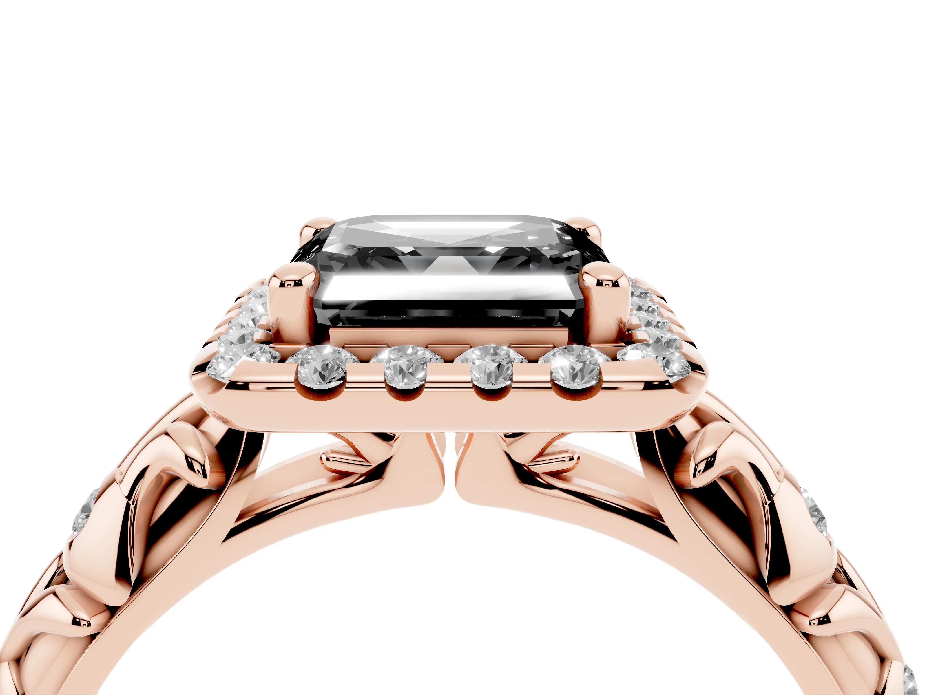 Fancy Black Asscher Cut Diamond Halo Ring Set in Rose gold with Filigree Leaf Band and Prong Setting