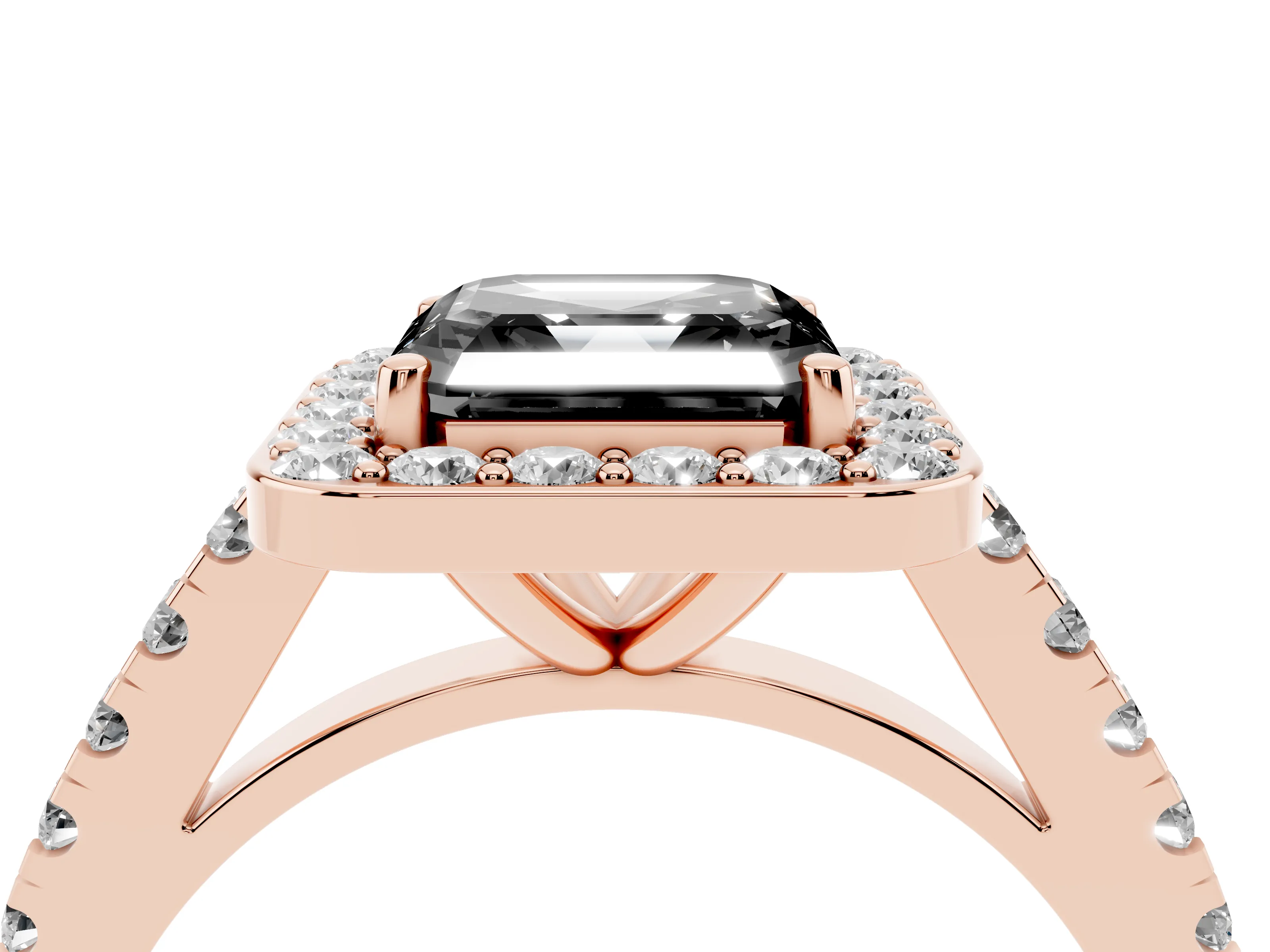 Fancy Black Asscher Cut Diamond Halo Ring Set in Rose gold with Round Pavé Split Shank and Prong Setting