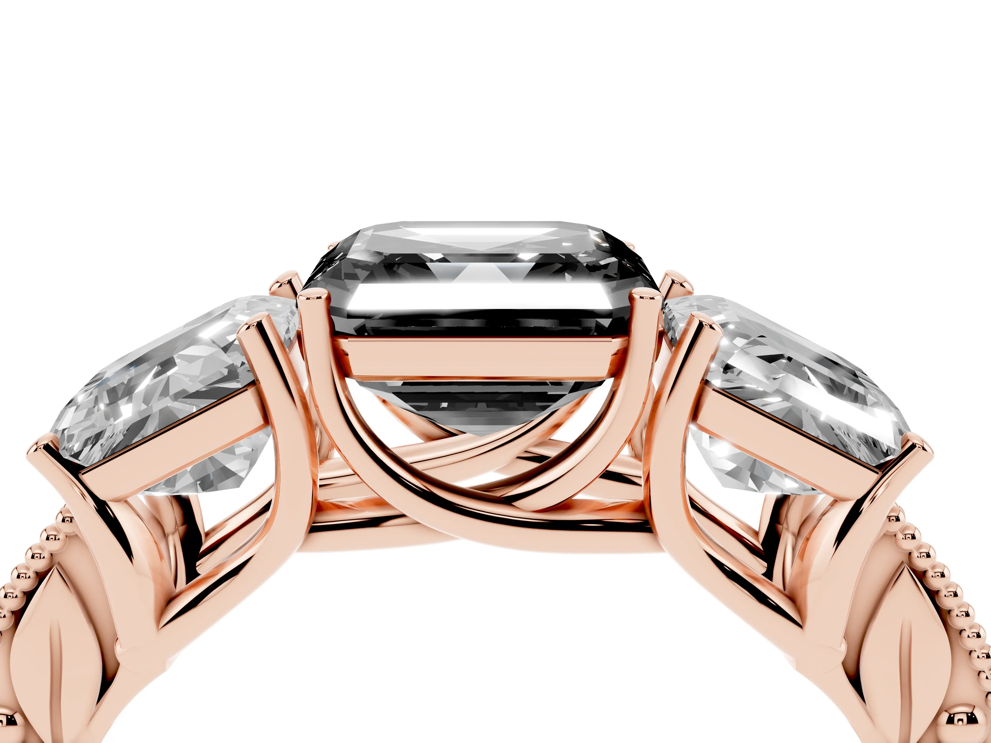 Fancy Black Asscher Cut Diamond Three-Stone Engagement Ring Set in Rose gold with Milgrain Pavé Band