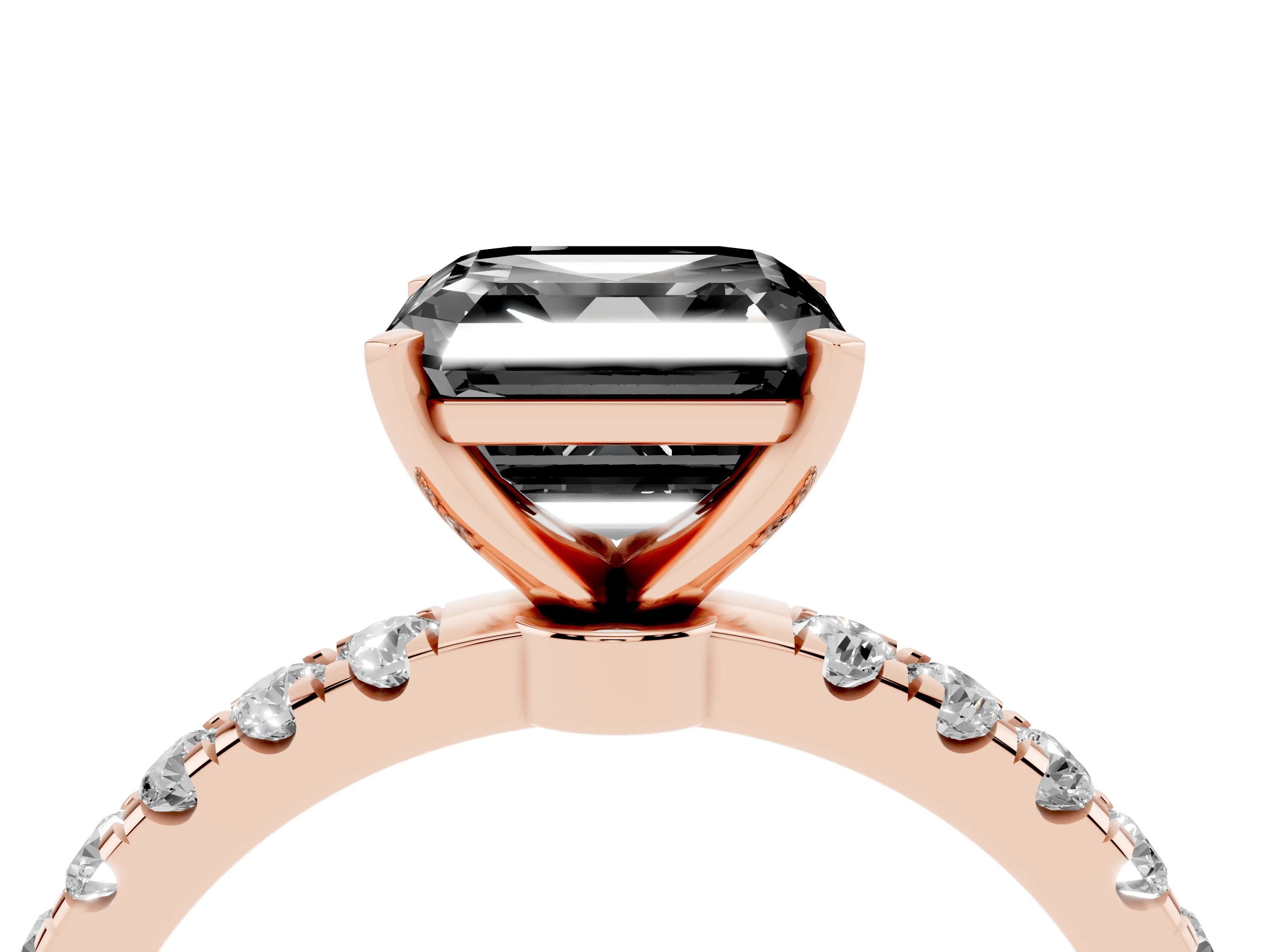 Fancy Black Asscher Cut Diamond Solitaire Ring Set in Rose gold with Pavé Accents and Prong Setting