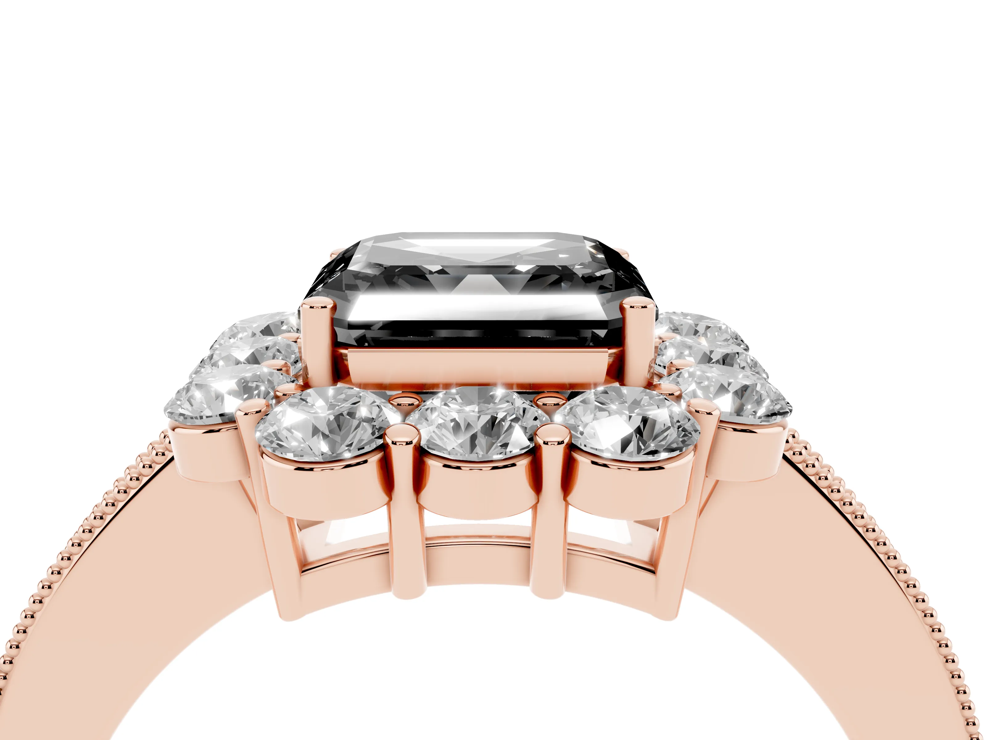 Fancy Black Asscher Cut Diamond Halo Pavé Engagement Ring Set in Rose gold with Milgrain Detailing
