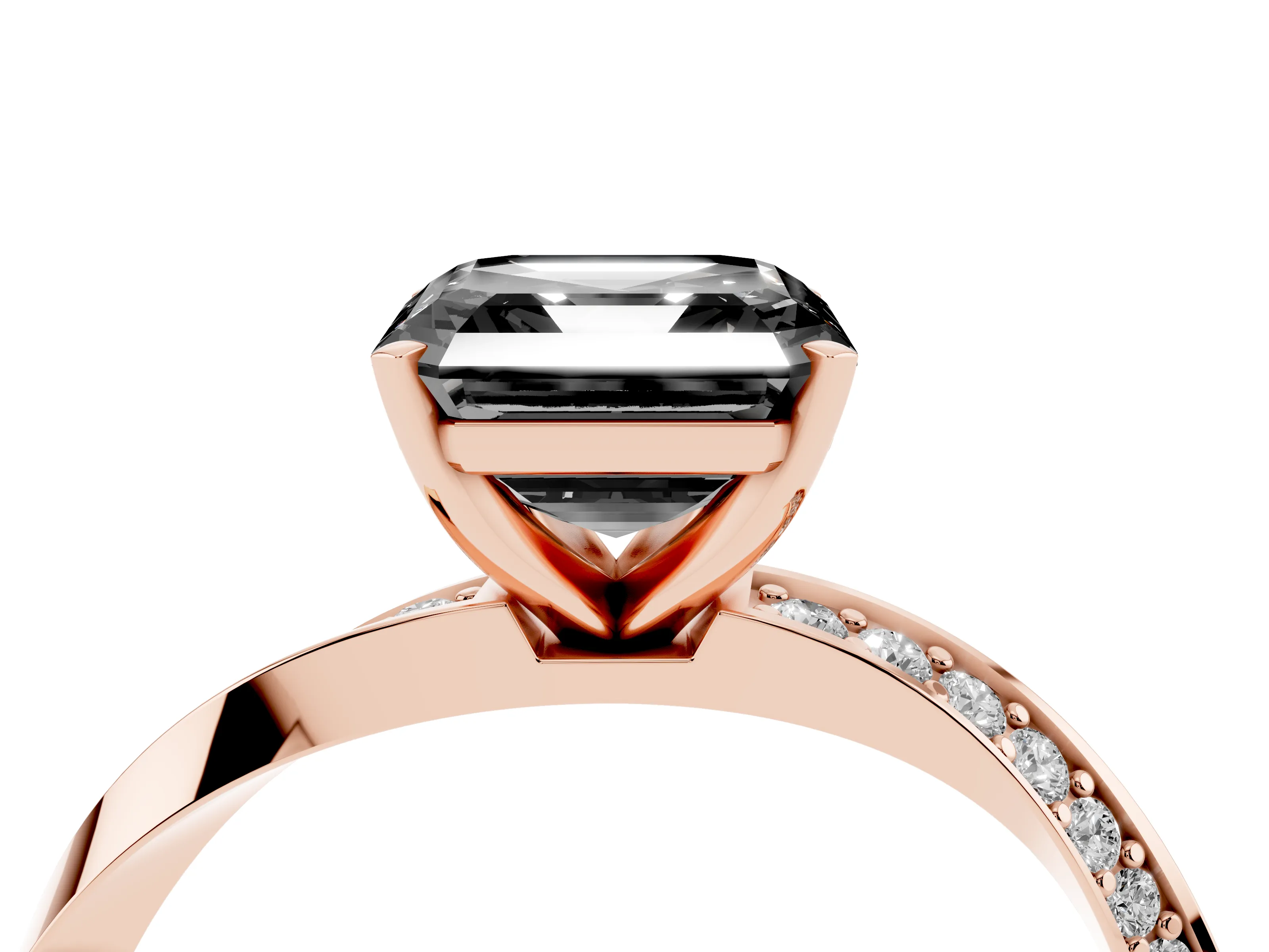 Fancy Black Asscher Cut Diamond Engagement Ring Set in Rose gold with Side Stone Accents and Prong Setting