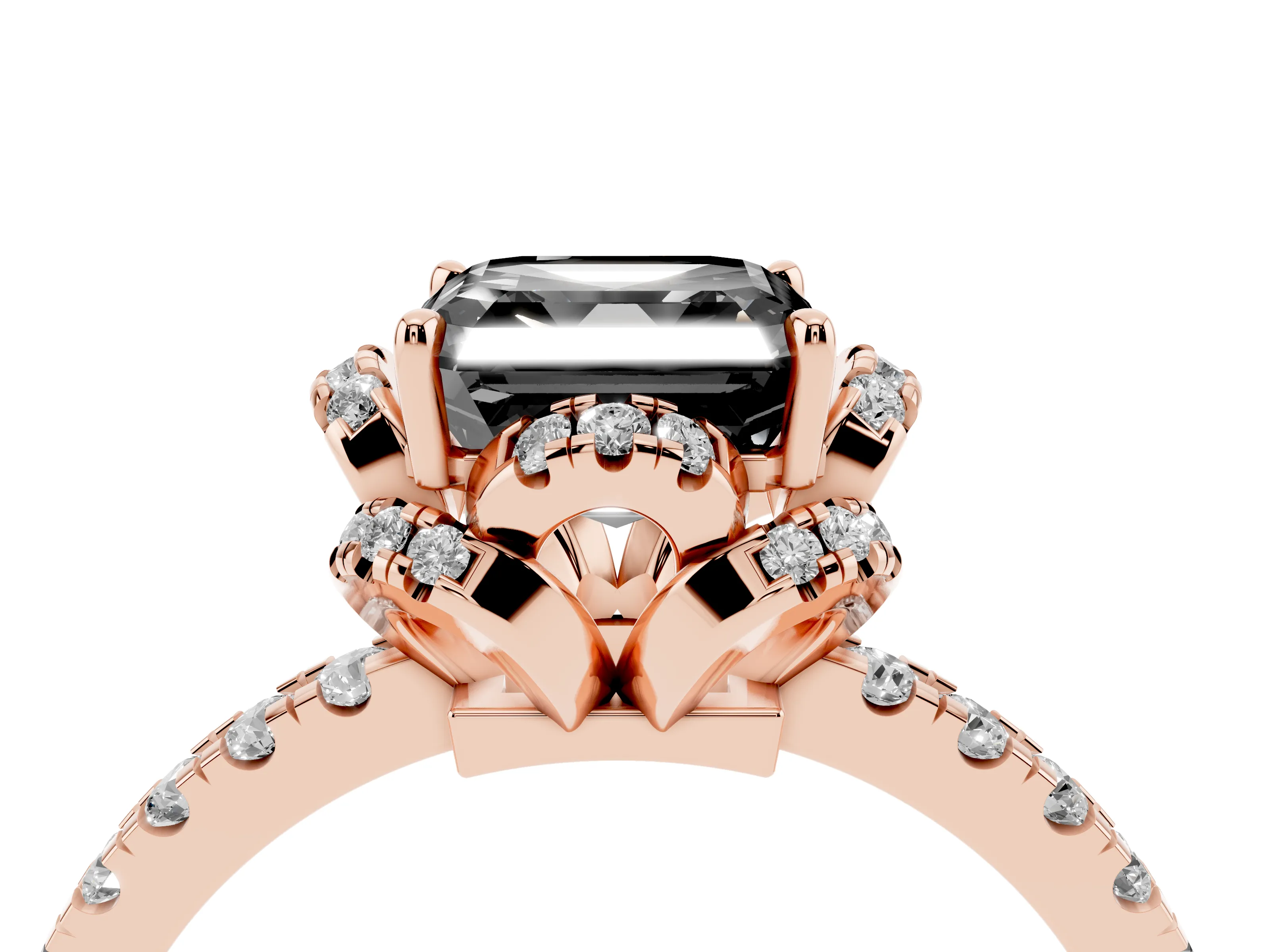 Fancy Black Asscher Cut Diamond Halo Pavé Ring Set in Rose gold with Prong-Held Center Stone
