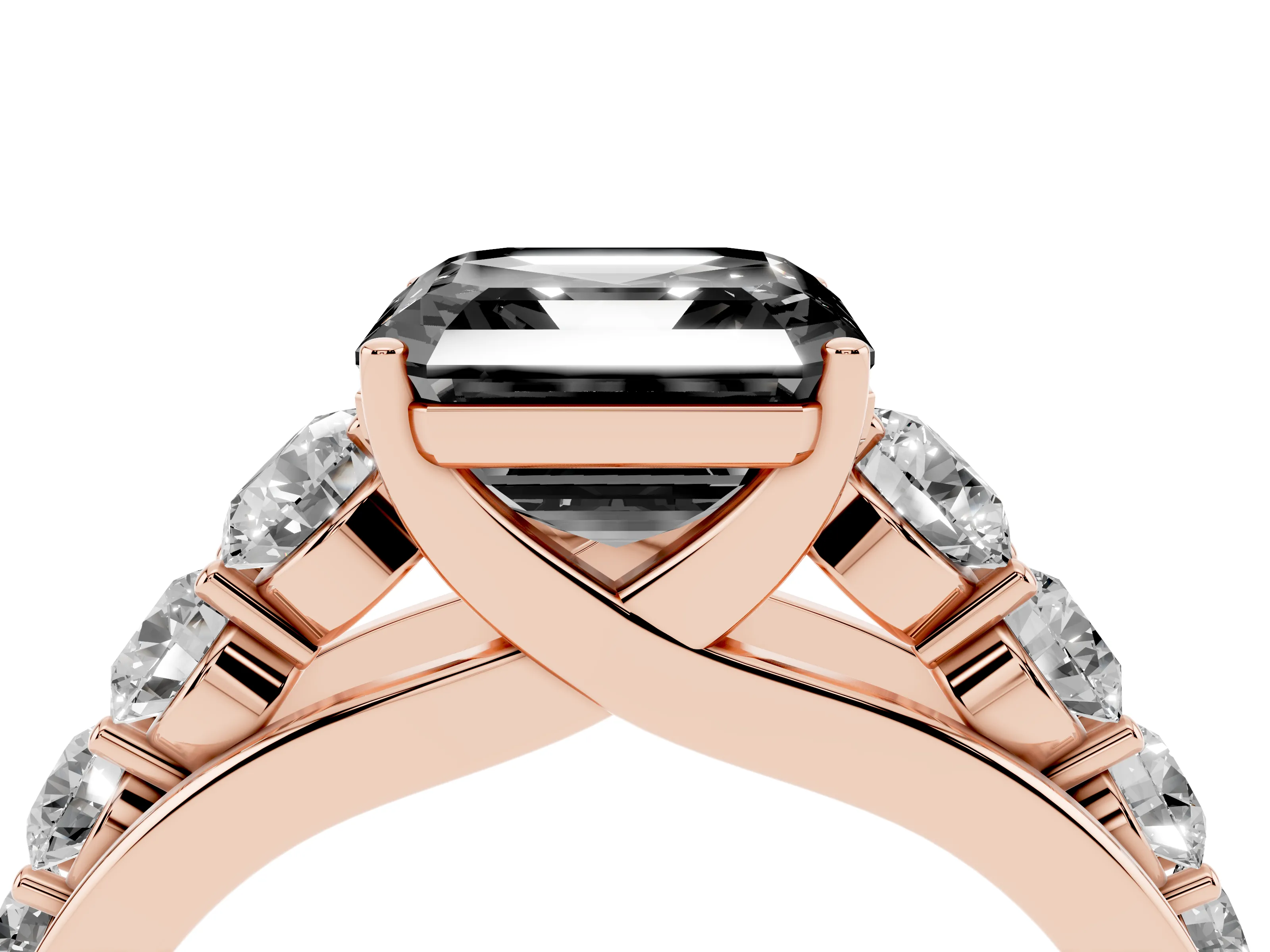 Fancy Black Asscher Cut Diamond Solitaire Ring Set in Rose gold with Pavé-Set Band and Prong Setting