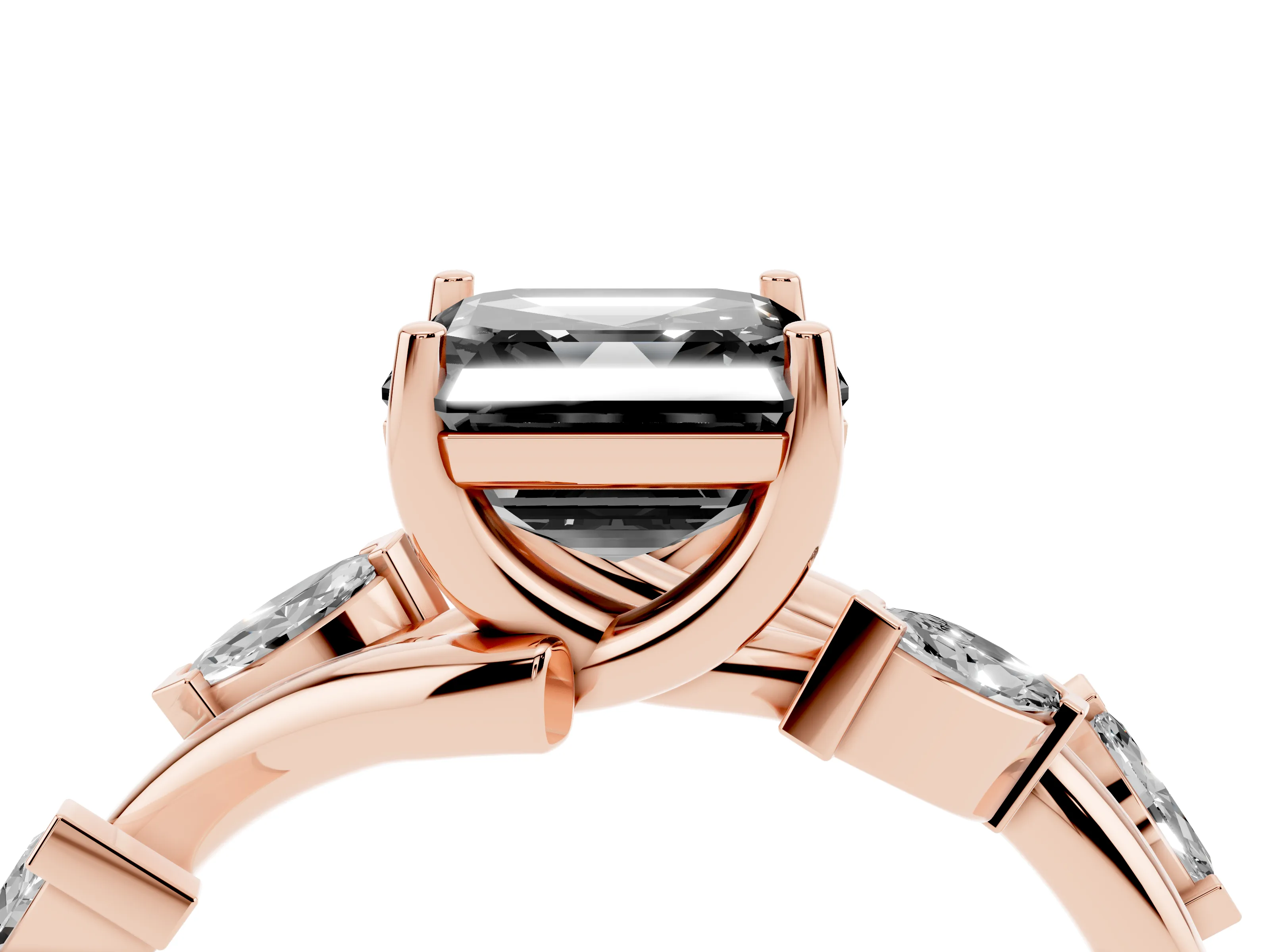Fancy Black Asscher Cut Diamond Solitaire Ring Set in Rose gold with Twisted Marquise Accent Band