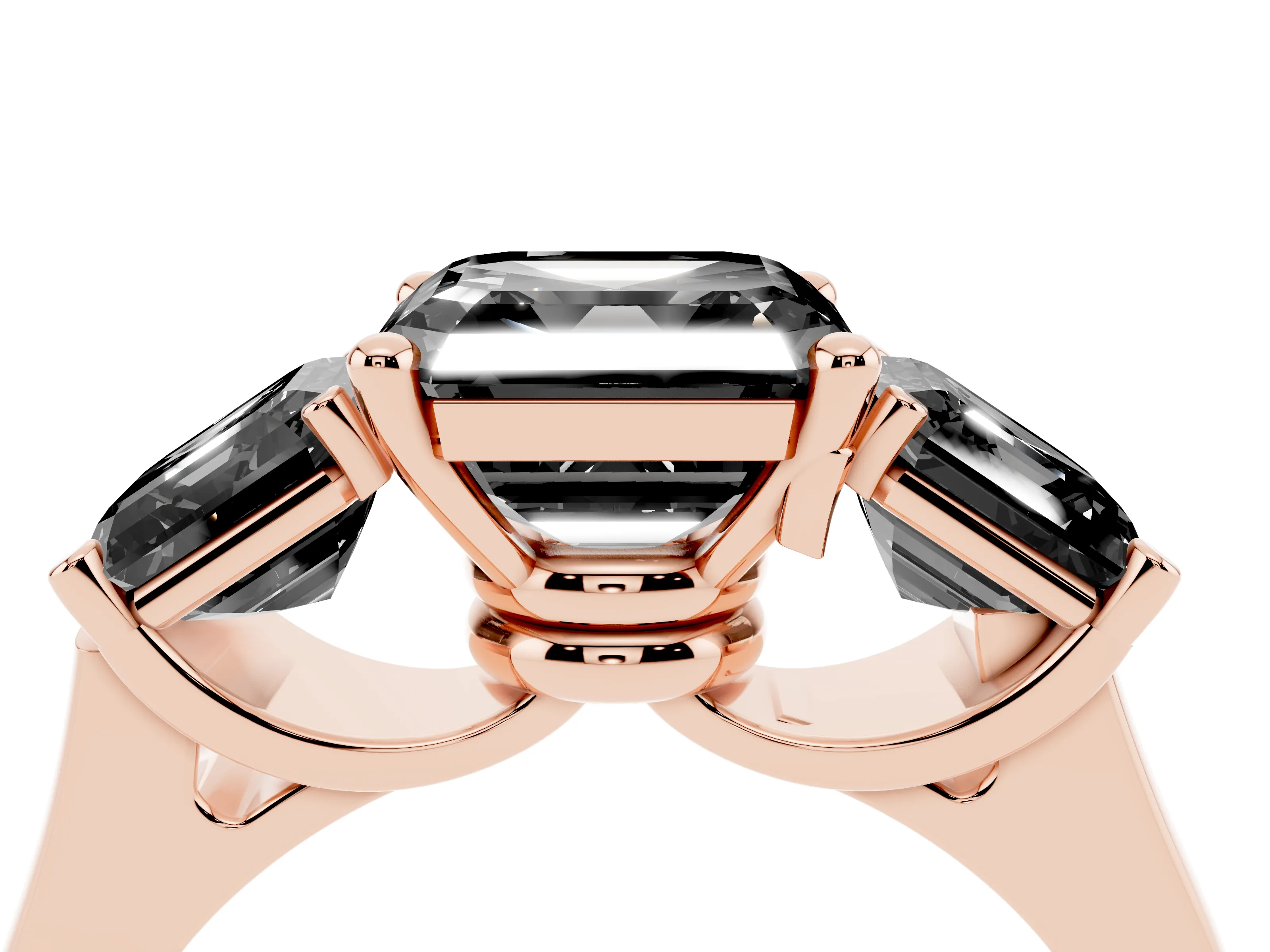 Fancy Black Asscher Cut Diamond Three-Stone Trellis Ring Set in Rose gold with Comfort Fit Band