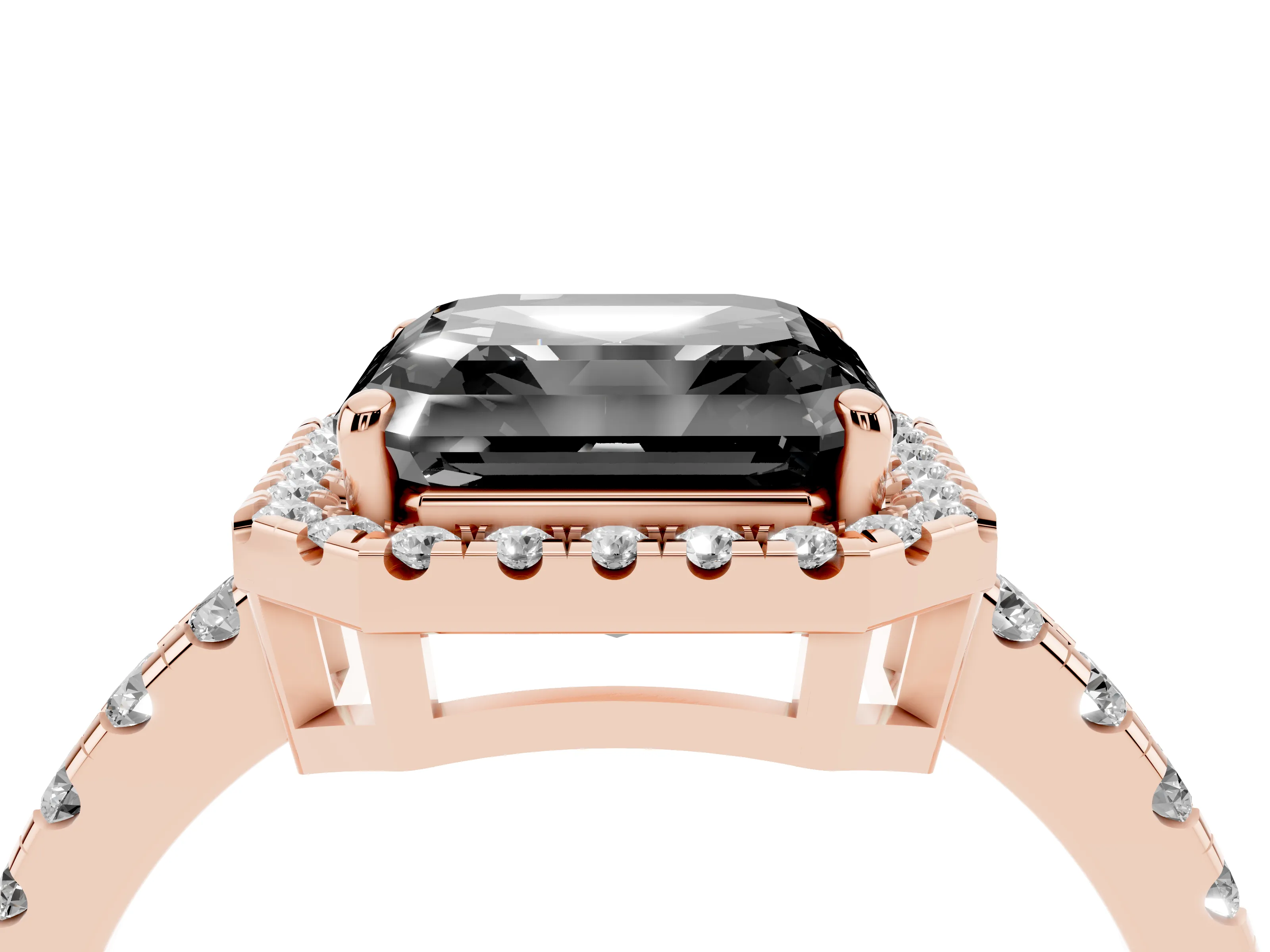 Fancy Black Asscher Cut Diamond Halo Ring Set in Rose gold with Delicate Pavé Band and Prong Setting