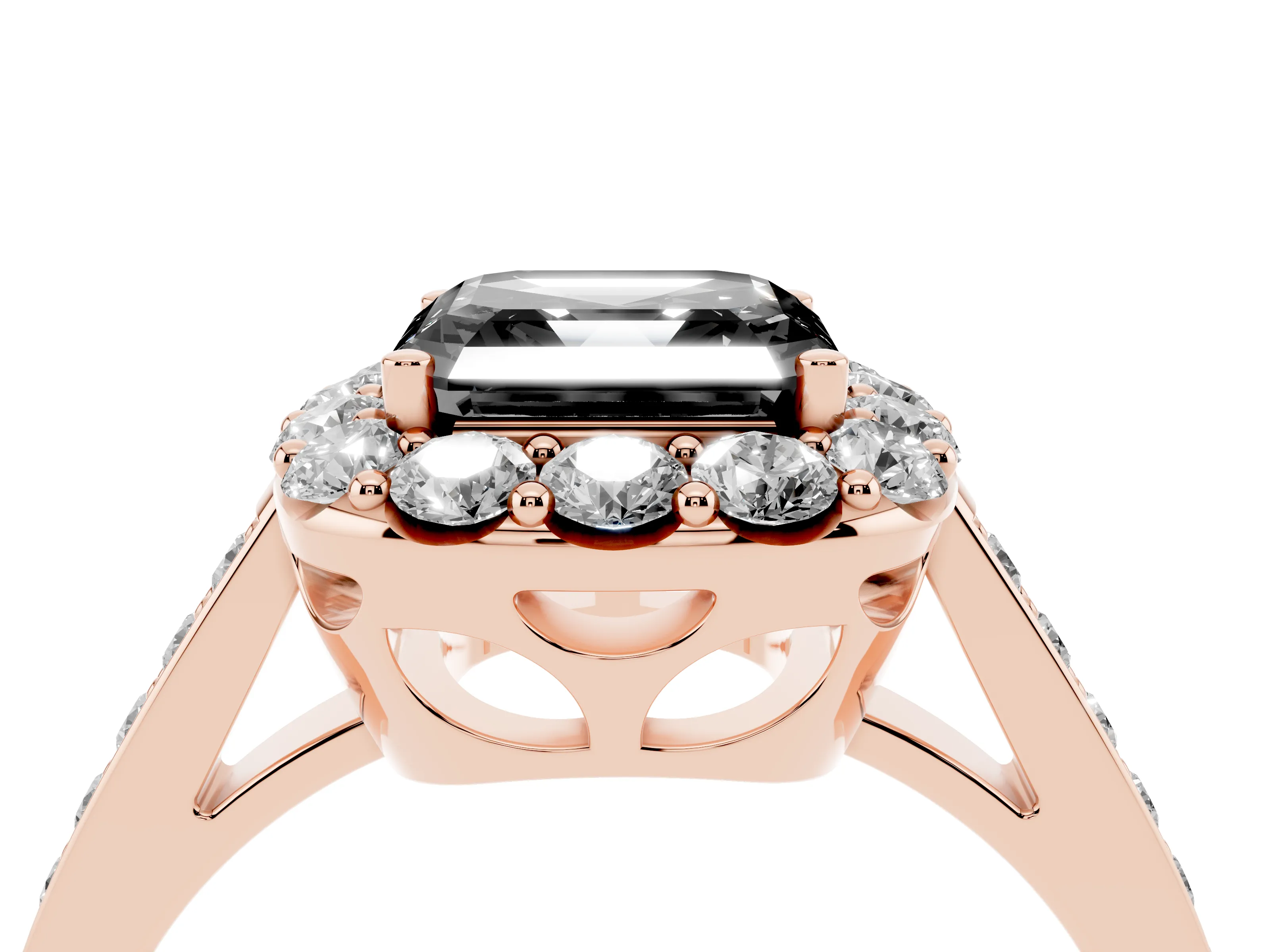 Fancy Black Asscher Cut Diamond Floral Halo Ring Set in Rose gold with Pavé Band and Prong Setting