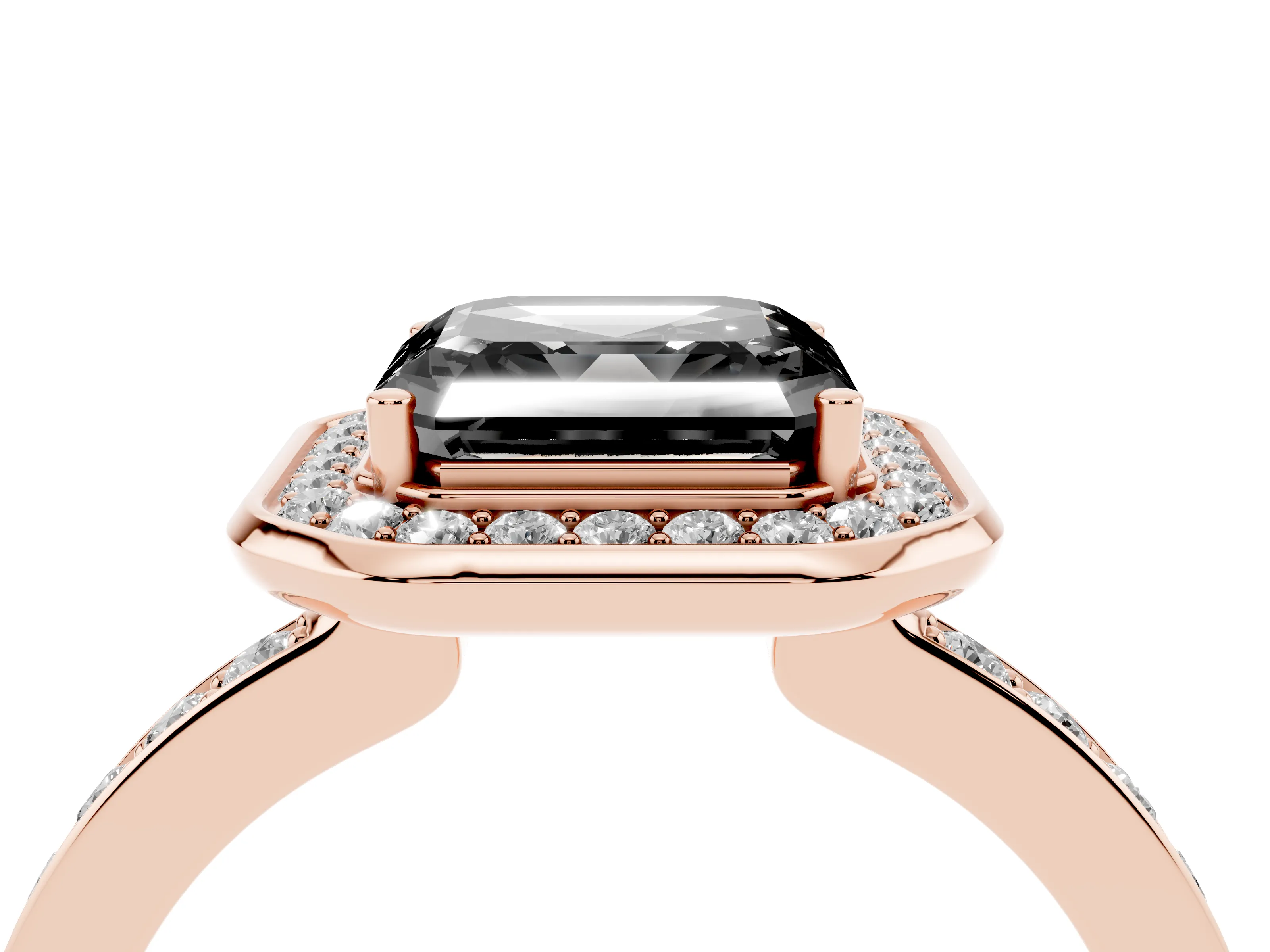 Fancy Black Asscher Cut Diamond Halo Ring Set in Rose gold with Bezel Frame and Pavé Band