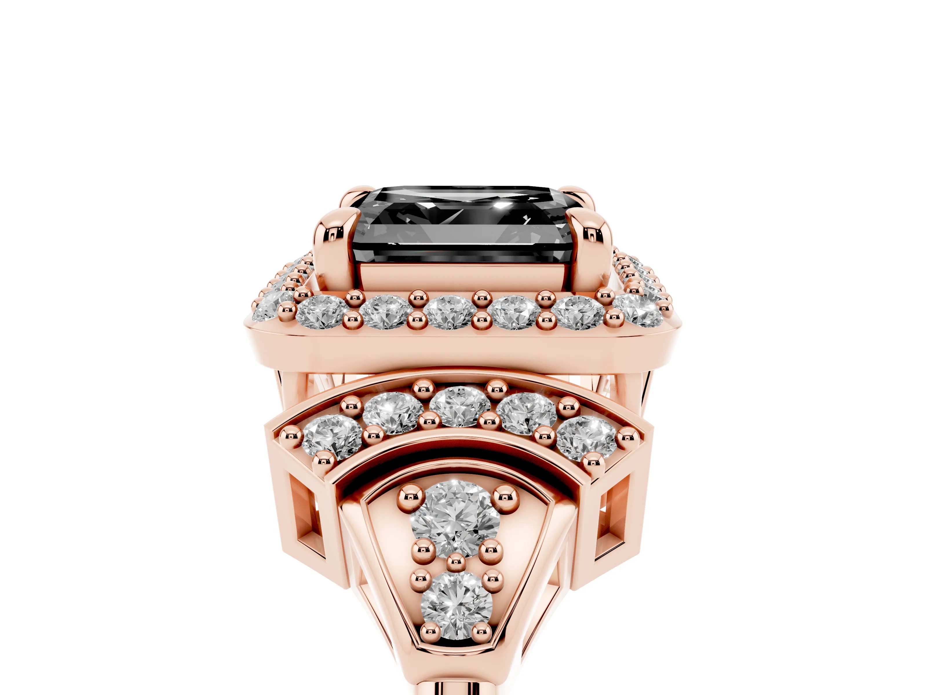 Fancy Black Asscher Cut Diamond Halo Engagement Ring Set in Rose gold with Accent Stone Split Shank