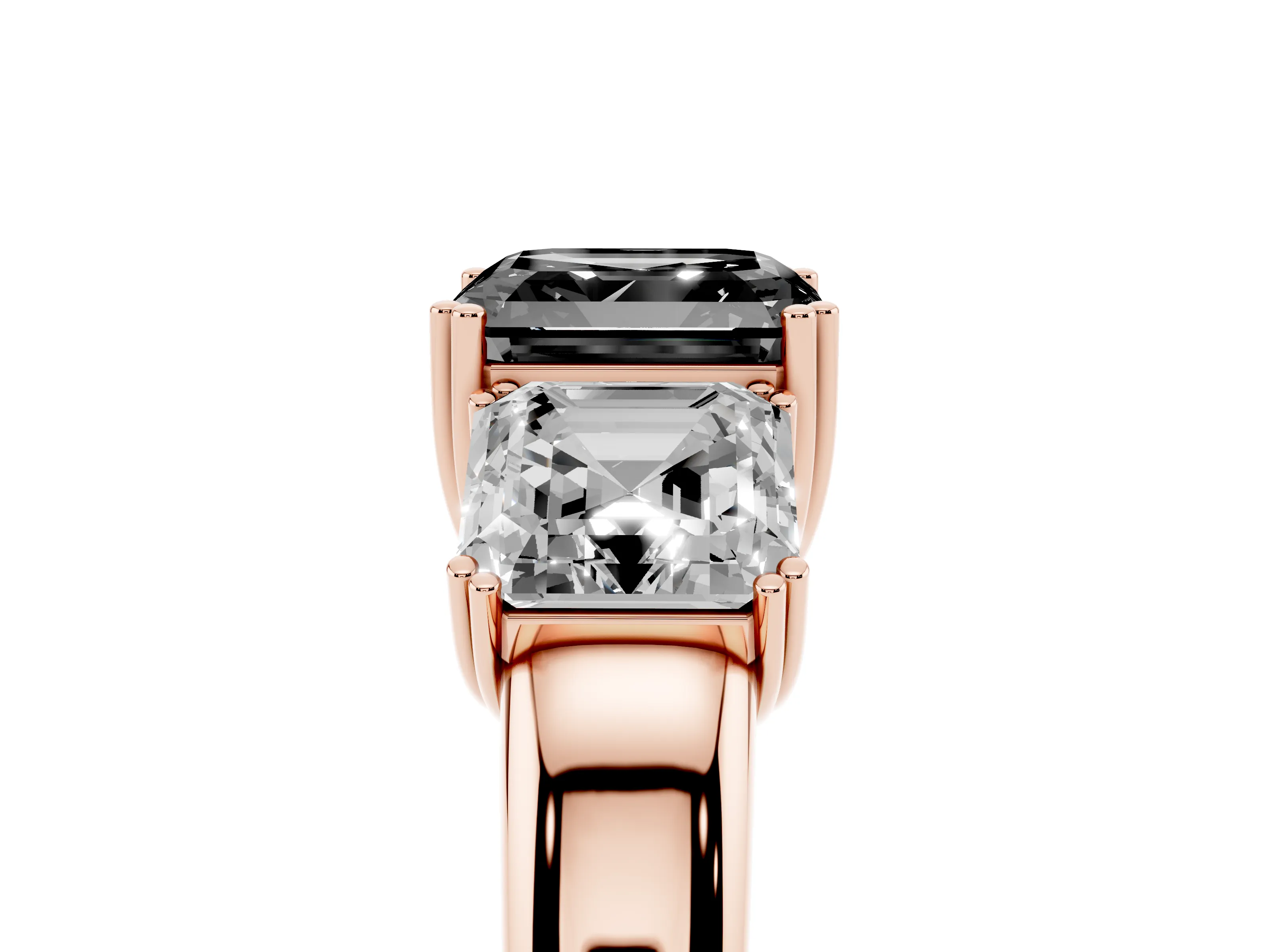 Fancy Black Asscher Cut Diamond Three-Stone Ring Set in Rose gold with Polished Band and Prong Setting