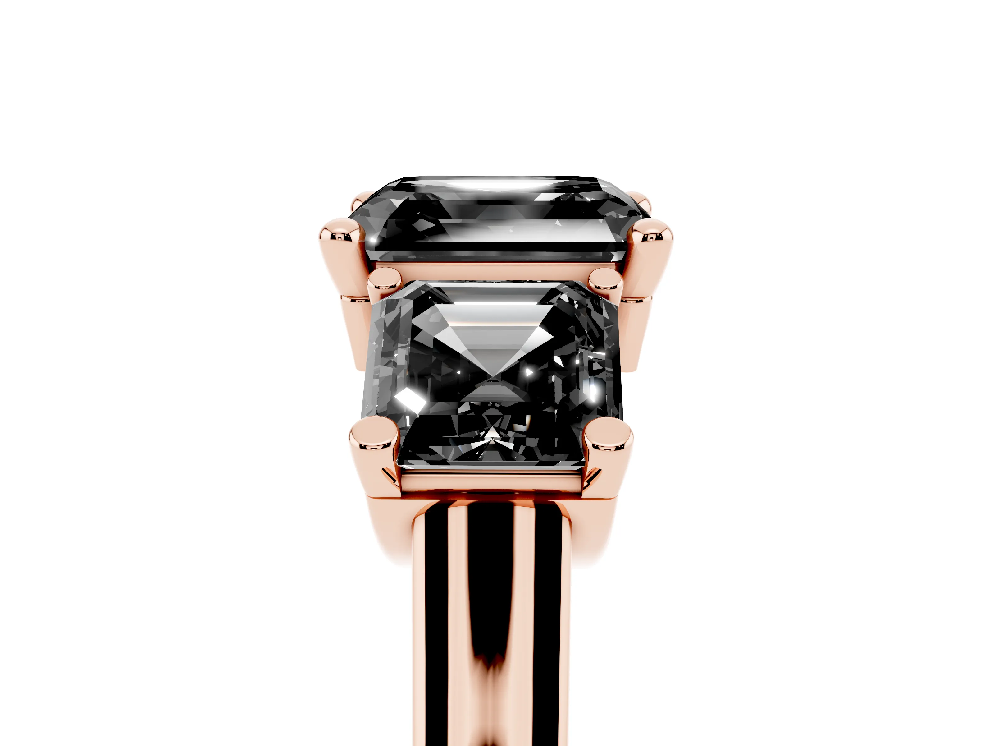 Fancy Black Asscher Cut Diamond Three-Stone Trellis Ring Set in Rose gold with Comfort Fit Band