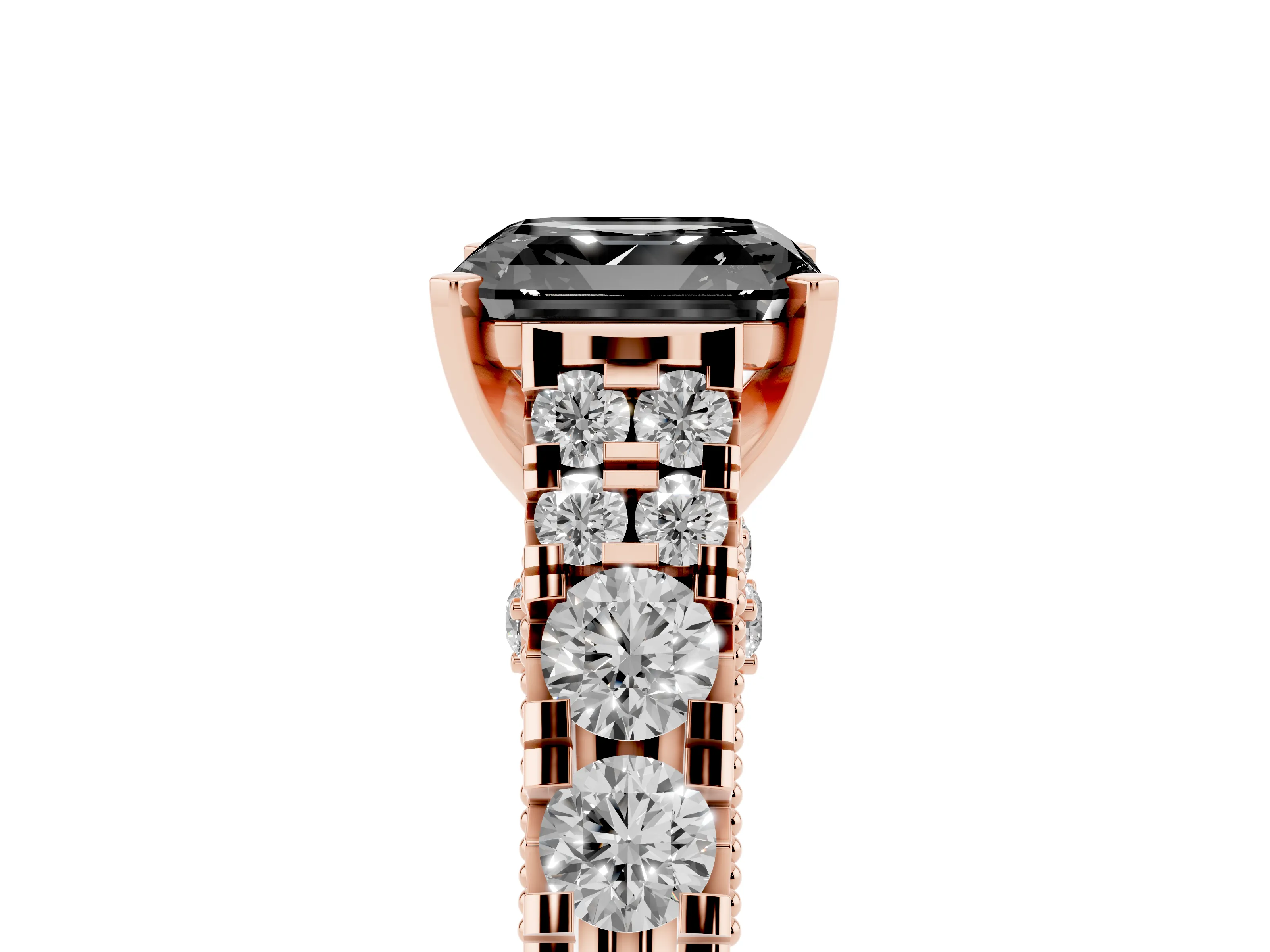 Fancy Black Asscher Cut Diamond Classic Solitaire Ring Set in Rose gold with Pavé Band and Prong Setting