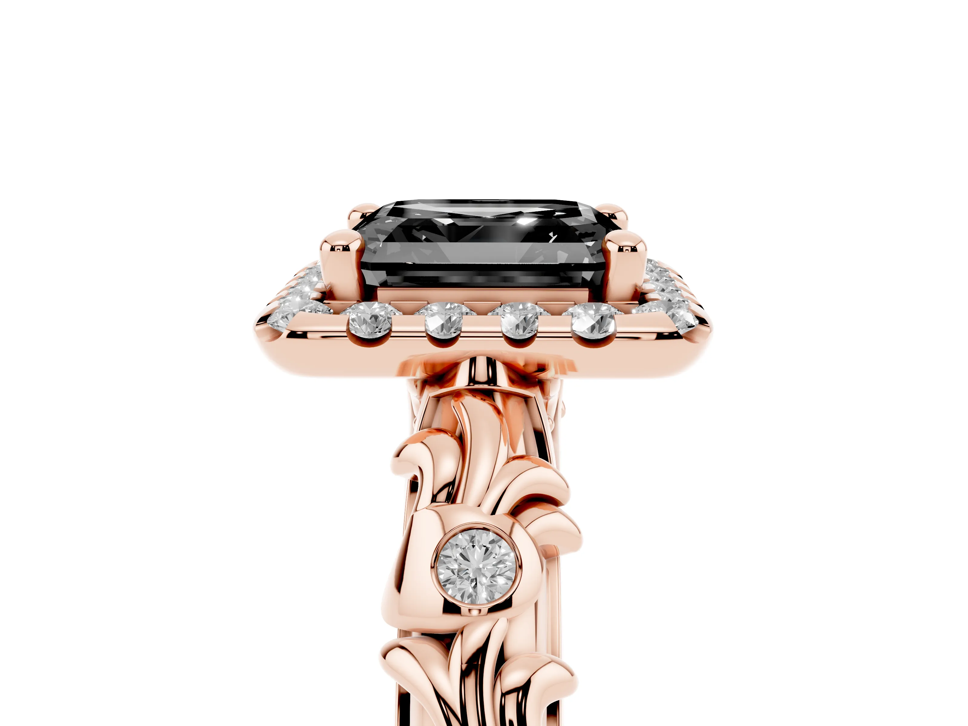 Fancy Black Asscher Cut Diamond Halo Ring Set in Rose gold with Filigree Leaf Band and Prong Setting