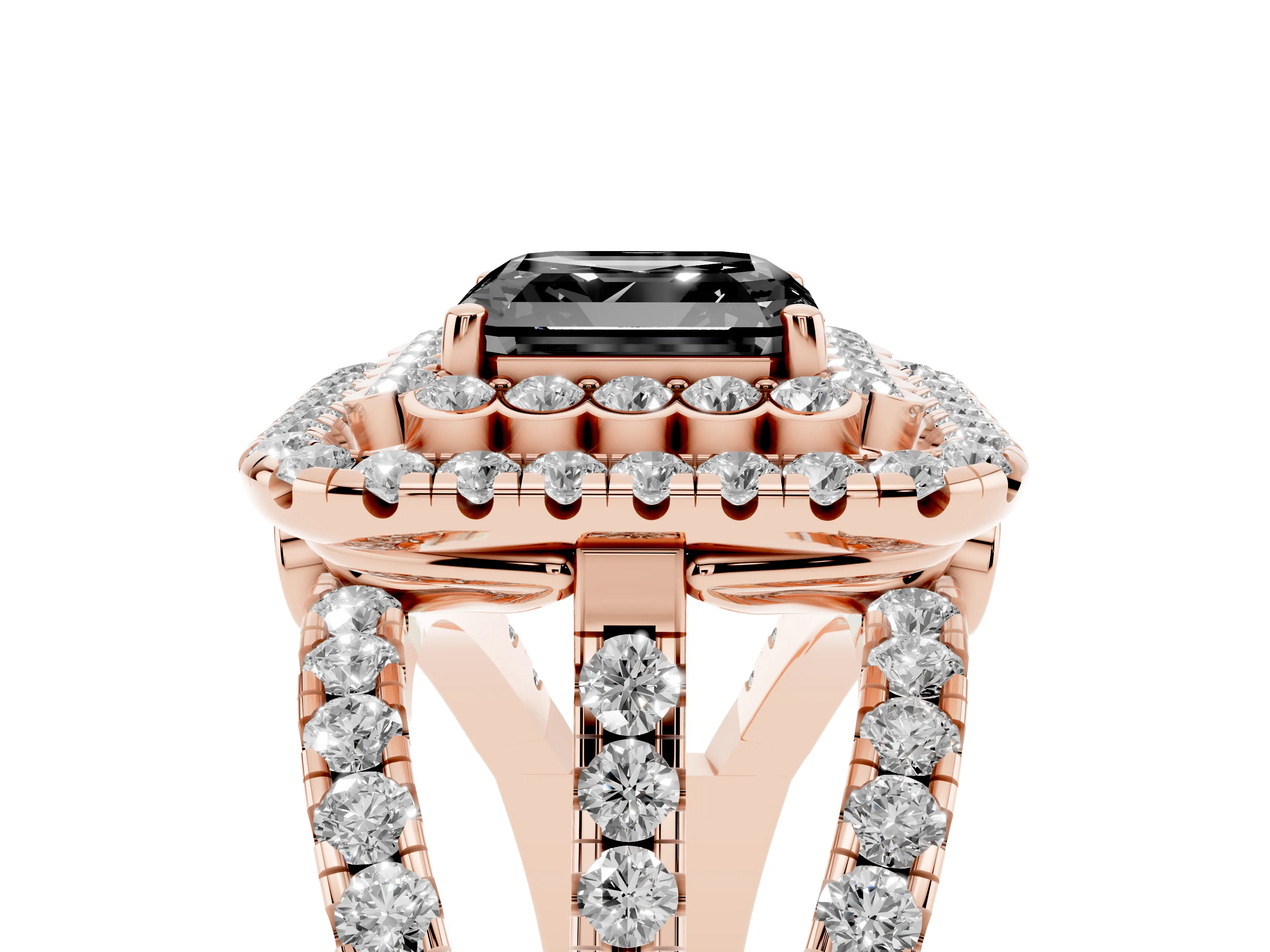 Fancy Black Asscher Cut Diamond Double Halo Ring Set in Rose gold with Round Pavé Split Shank