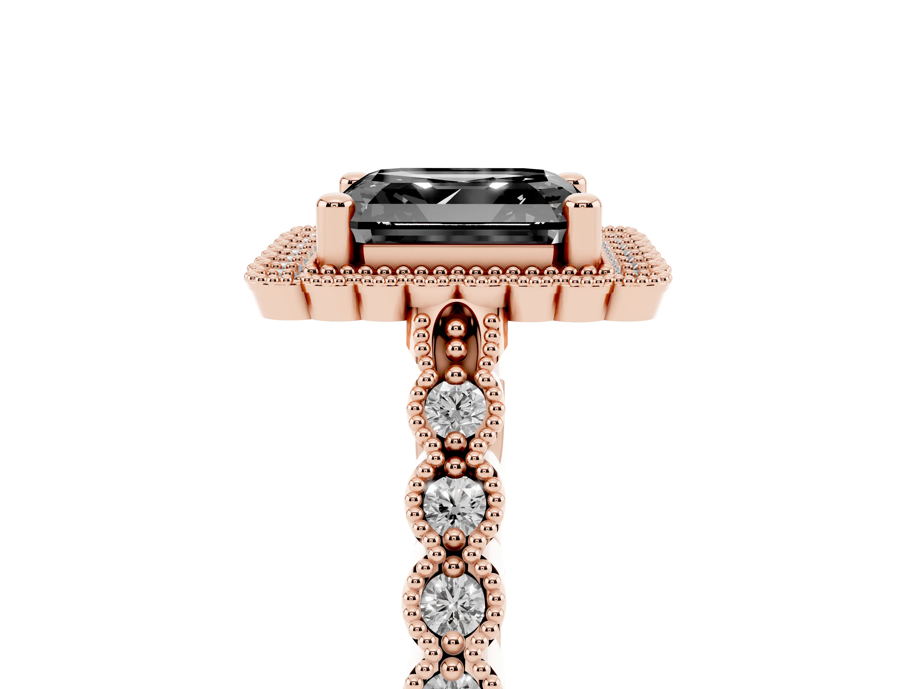 Fancy Black Asscher Cut Diamond Halo Ring Set in Rose gold with Pavé Milgrain Band