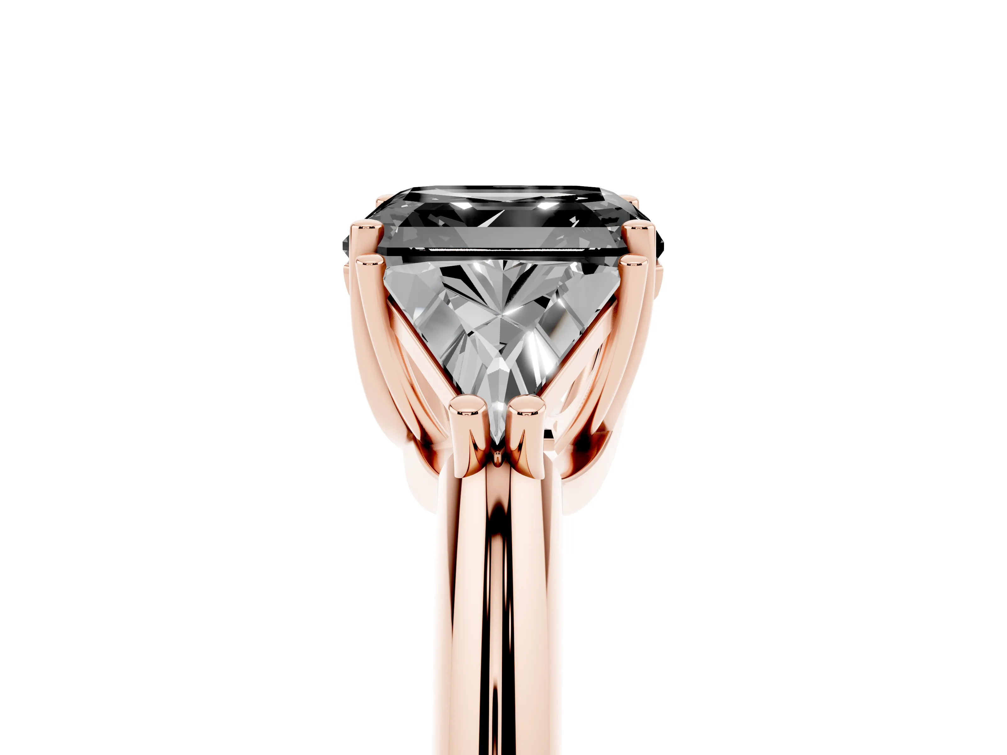 Fancy Black Asscher Cut Diamond Three-Stone Engagement Ring Set in Rose gold with Trillion Side Stones
