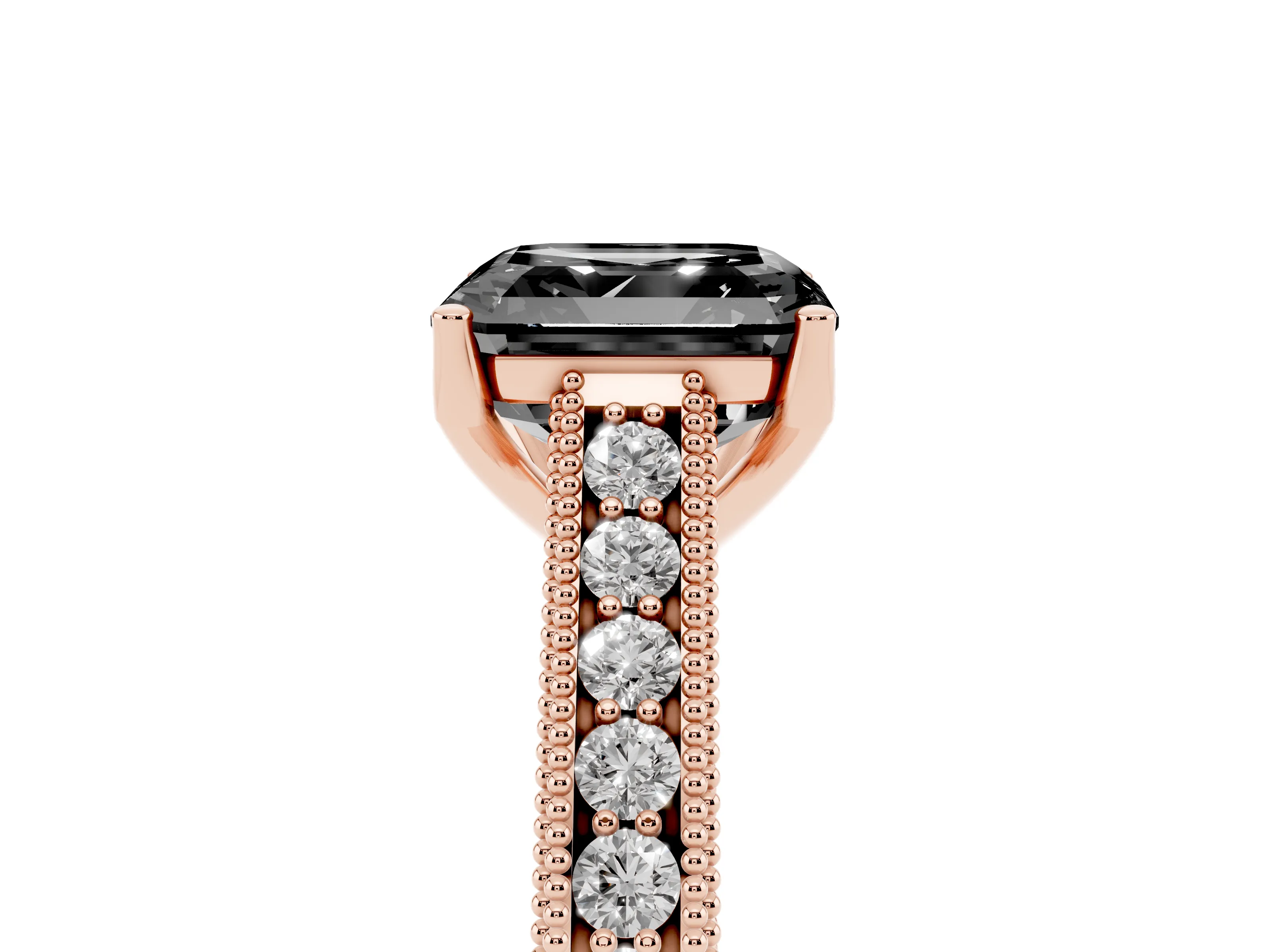 Fancy Black Asscher Cut Diamond Milgrain Pavé Band Solitaire Ring Set in Rose gold with Prong Setting