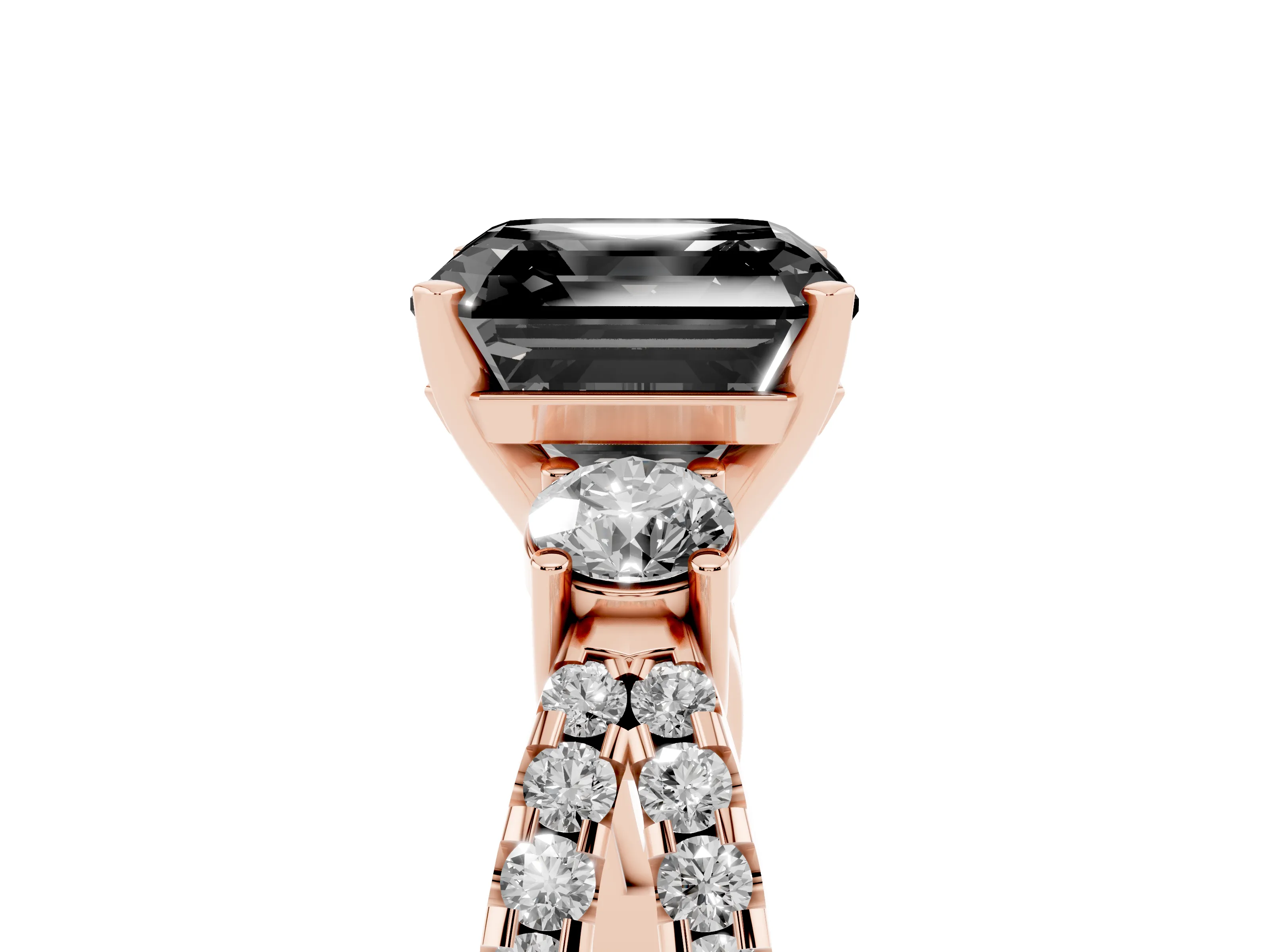 Fancy Black Asscher Cut Diamond Three-Stone Ring Set in Rose gold with Pavé Split Shank and Prong Setting