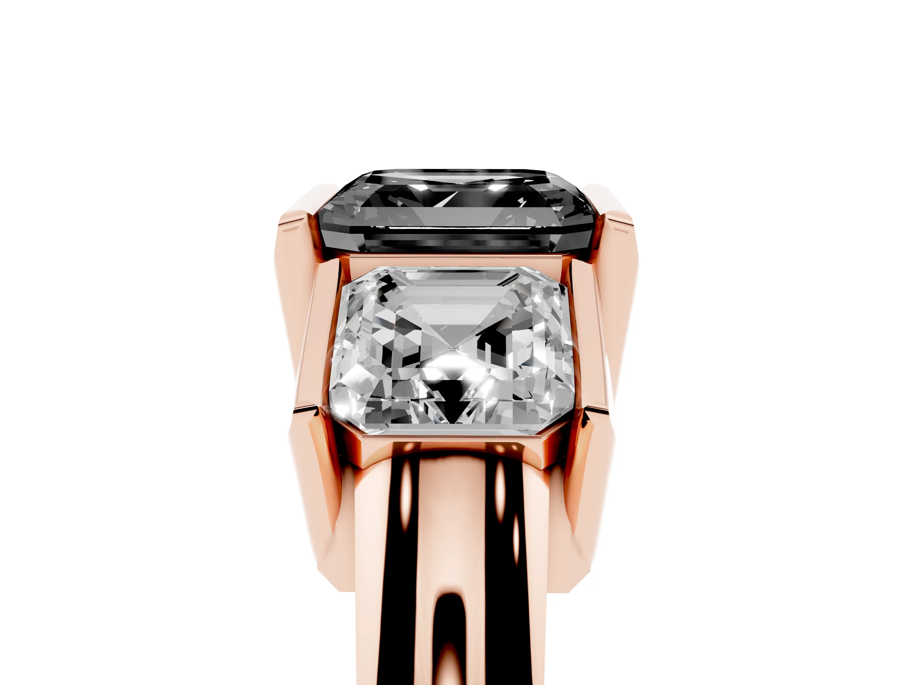 Fancy Black Asscher Cut Diamond Three-Stone Channel Set Ring Set in Rose gold with Smooth Polished Band